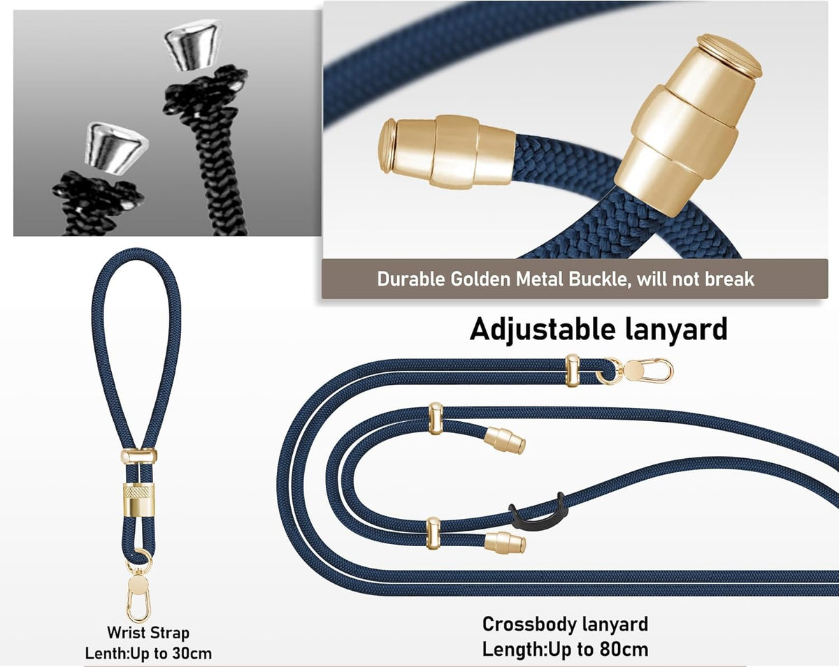 Cell Phone Lanyard Adjustable Crossbody Phone Lanyard *1 Phone Wrist Strap *1 with Deluxe Gold Matal Buckle + Clear Tether Tabs *2 for Shopping Travelling Hiking(Dark Blue)