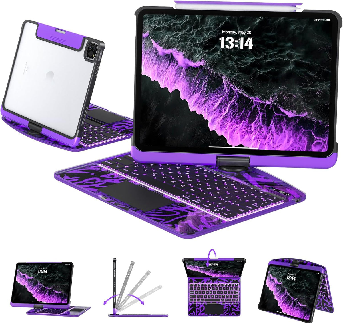 Transparent Case with Keyboard for iPad 9th (7th, 8th, and 9th Gen)10.2 Inch ,with 7-Color Backlit Wireless Keyboard,360°Rotatable Protective Case Multi-Touch Trackpad,with Pencil Holder,Purple