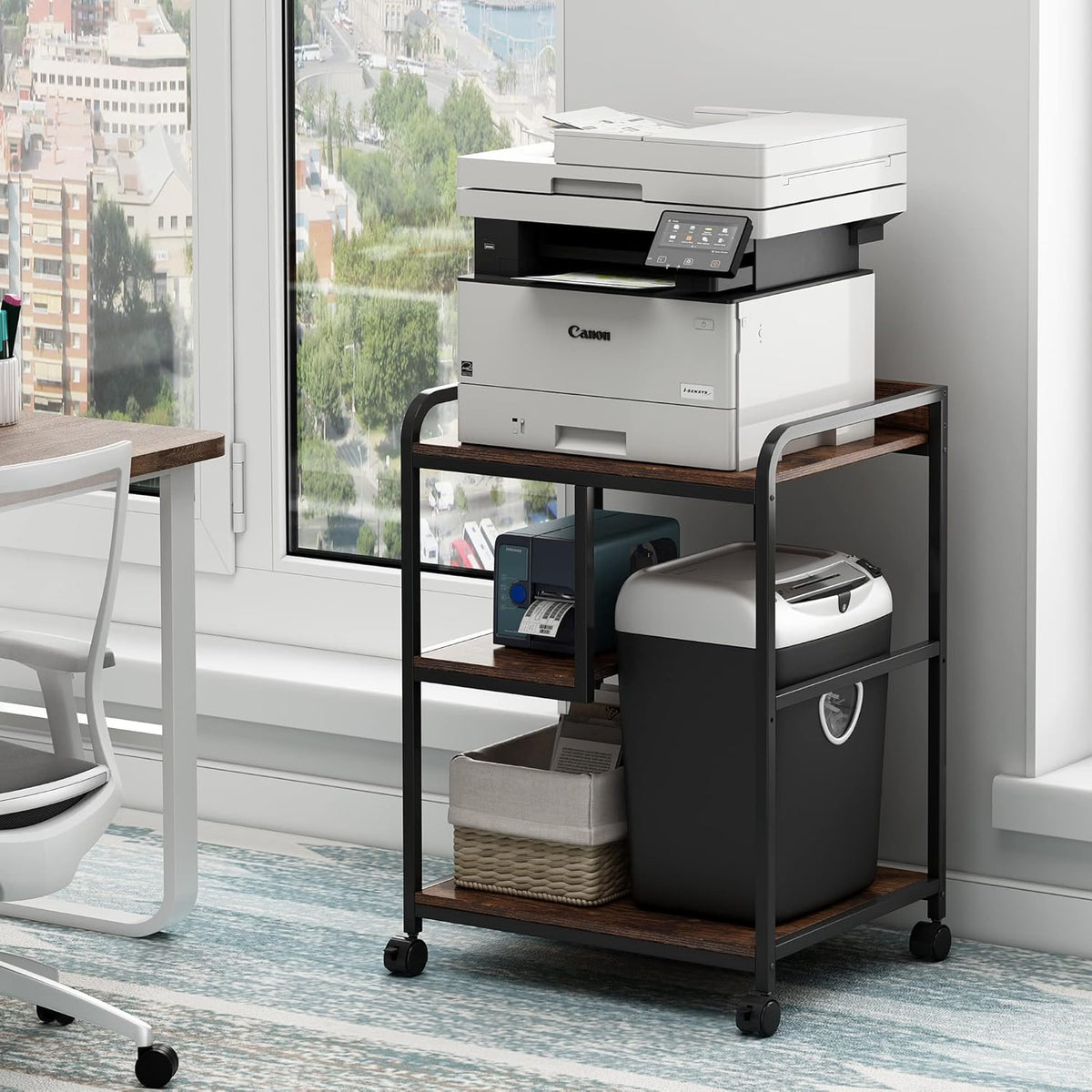 22 x 18 Inch Large Printer Stand, Mobile Printer Table with Wheels for Home Office Storage and Organization, PC Tower Stand, Host Computer Cart, Shelf for Desktop CPU Shredder - Rustic Brown