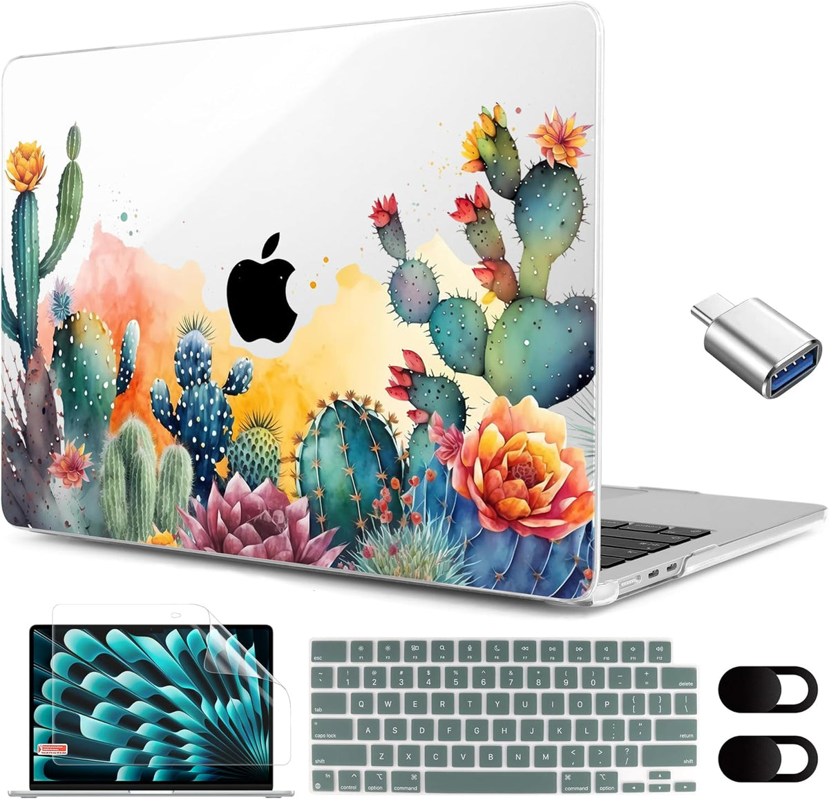MEEgoodo for M4/M3/M2 MacBook Air 15.3 inch Case 2025 2024 2023, Case Fit Model (A3241/A3114/A2941) for MacBook Air 15 inch, Laptop Hard Shell with Keyboard Cover, Tropical Cactus