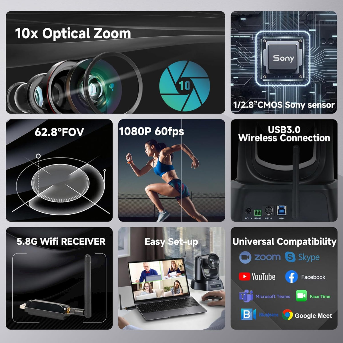 Wireless Conference Room Webcam, Church Live Streaming 10X USB 1080P 60fps PTZ Camera for Worship Services Online Conference, Works with Zoom, Skype OBS
