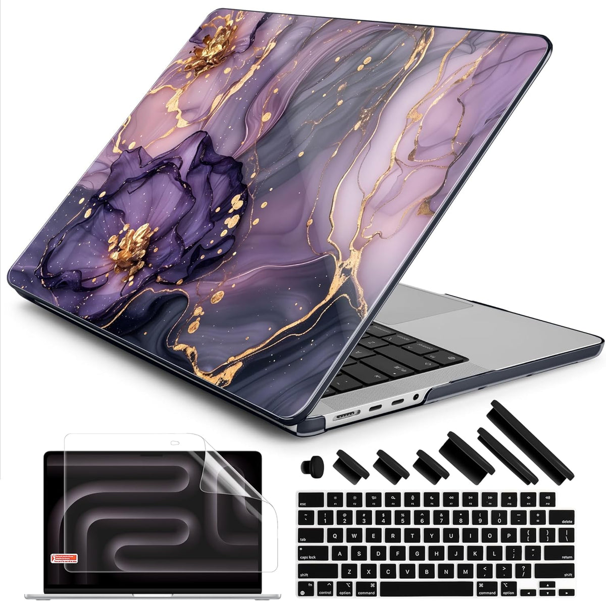 DONGKE for M4 MacBook Pro 16 Inch Case 2024 2023 2021 A3403 A3186 M3 A2991 M2 A2780 M1 A2485 Pro/Max Chip, Plastic Hard Shell Case & Keyboard Cover for Mac Pro 16 with Touch ID, Marble & Flower