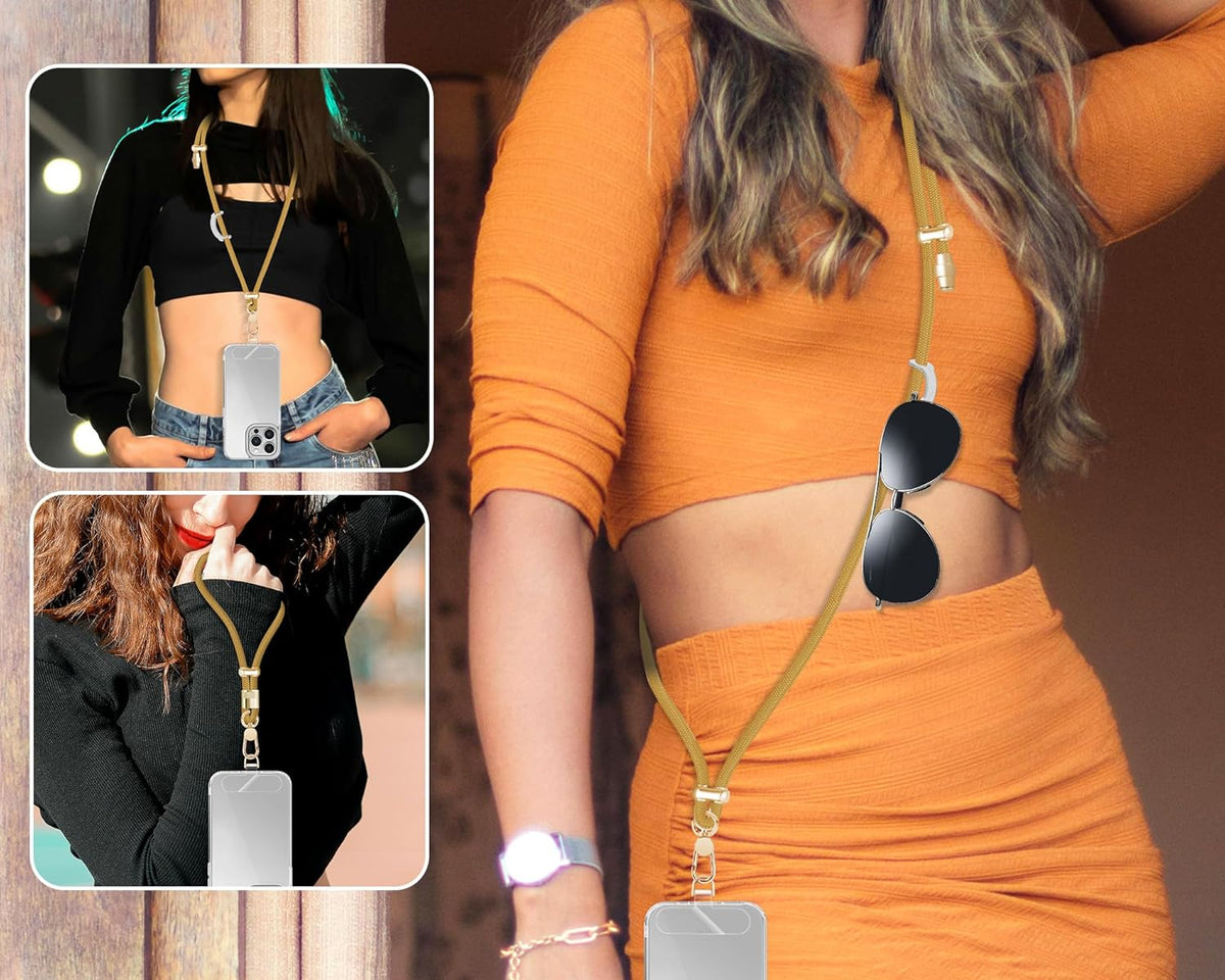 Cell Phone Lanyard Adjustable Crossbody Phone Lanyard *1 Phone Wrist Strap *1 with Deluxe Gold Matal Buckle + Clear Tether Tabs *2 for Shopping Travelling Hiking(Yellow)