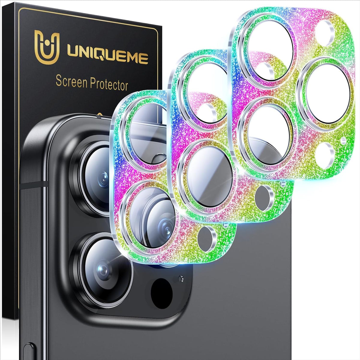 UniqueMe for 3 Pack iPhone 16 Pro/iPhone 16 Pro Max Camera Lens Protector - [Drop Protection] [Case Friendly] 9H Tempered Glass Camera Cover Screen [Update New Version] - Glitter Colorful