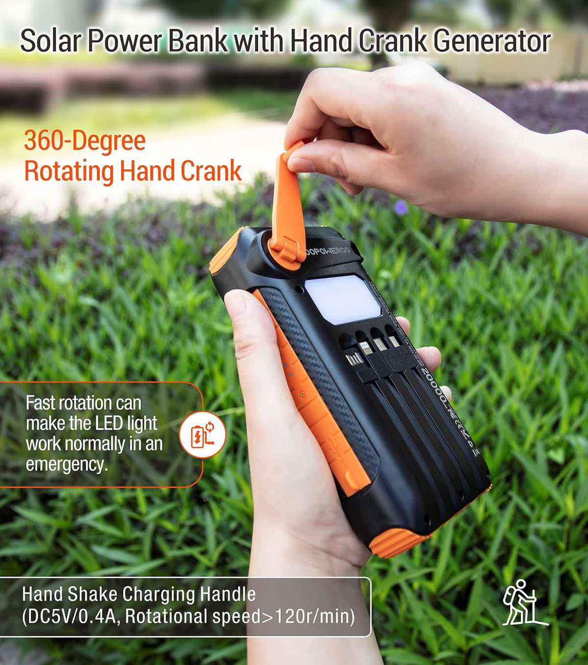 Solar Power Bank 20000mAh Built in Hand Crank and 4 Cables 22.5W Fast Charge Power Bank 5 Outputs & 5 Inputs Solar Portable Charger, SOS/Strobe/Strong Flashlights, Carabiner (Orange)