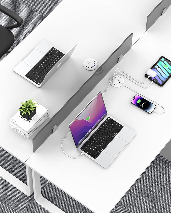 Jgstkcity 65W USB-C Hidden Desktop Power Grommet: 1 AC Outlet,8 USB Charging Ports,3'' Hole Flush Mount Pop-Up Power for Conference Tables & Nightstands (Whtie, 6 FT - 2PCS)