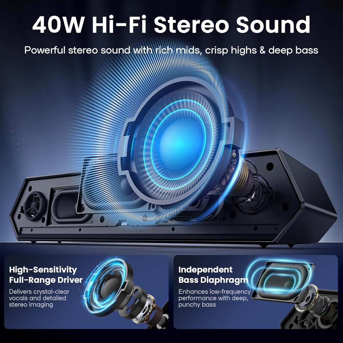 Deeyaple Computer Speakers, 40W Wireless Soundbar for Desktop PC with Bluetooth 5.3 & USB Audio, Dynamic RGB Lighting, Software Custom EQ, External Power Adapter Gaming Speakers, Laptop, Xbox Black