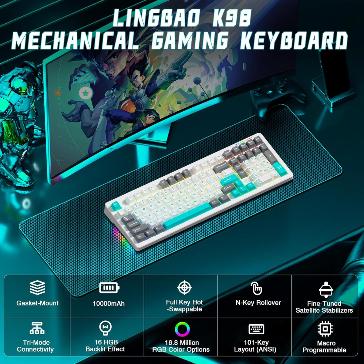 LINGBAO K98 Wireless Mechanical Gaming Keyboard, 10000mAh Battery Tri-Mode BT5.0/2.4GHz/USB-C, Gasket Custom Hot-Swappable Linear Switches Mechanical Keyboards, RGB Backlit Keyboard for PC Laptop