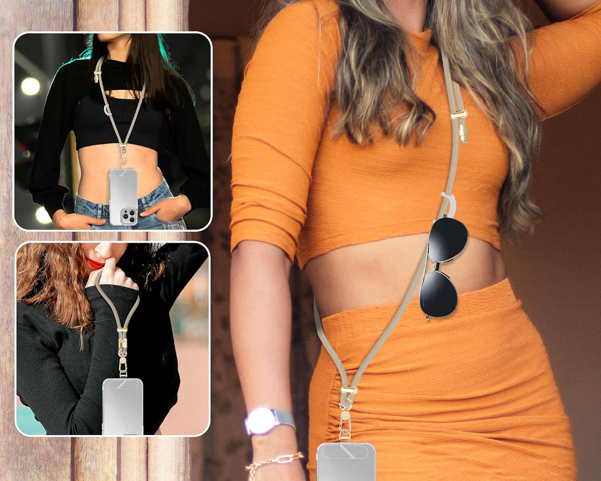 Cell Phone Lanyard Adjustable Crossbody Phone Lanyard *1 Phone Wrist Strap *1 with Deluxe Gold Matal Buckle + Clear Tether Tabs *2 for Shopping Travelling Hiking(KHAKI)