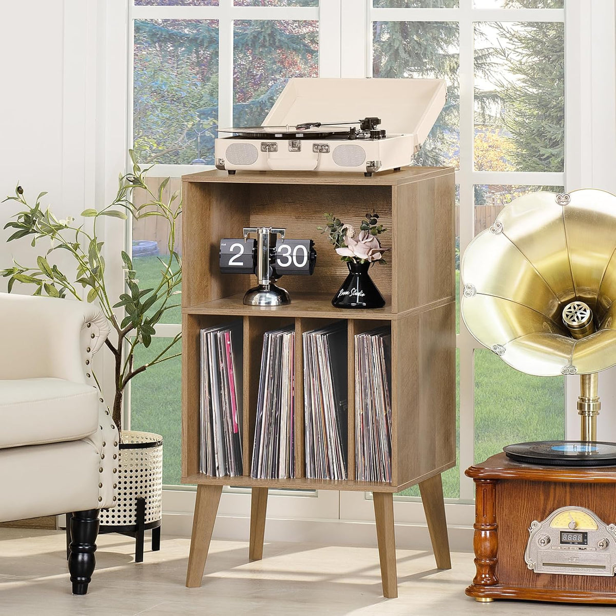 Lerliuo Record Player Stand, Oak Turntable Stand Holds up to 160 Albums, Mid-Century Vinyl Storage Cabinet Table with Solid Wood Legs, Record Player Holder Dispaly Shelf for Bedroom Living Room