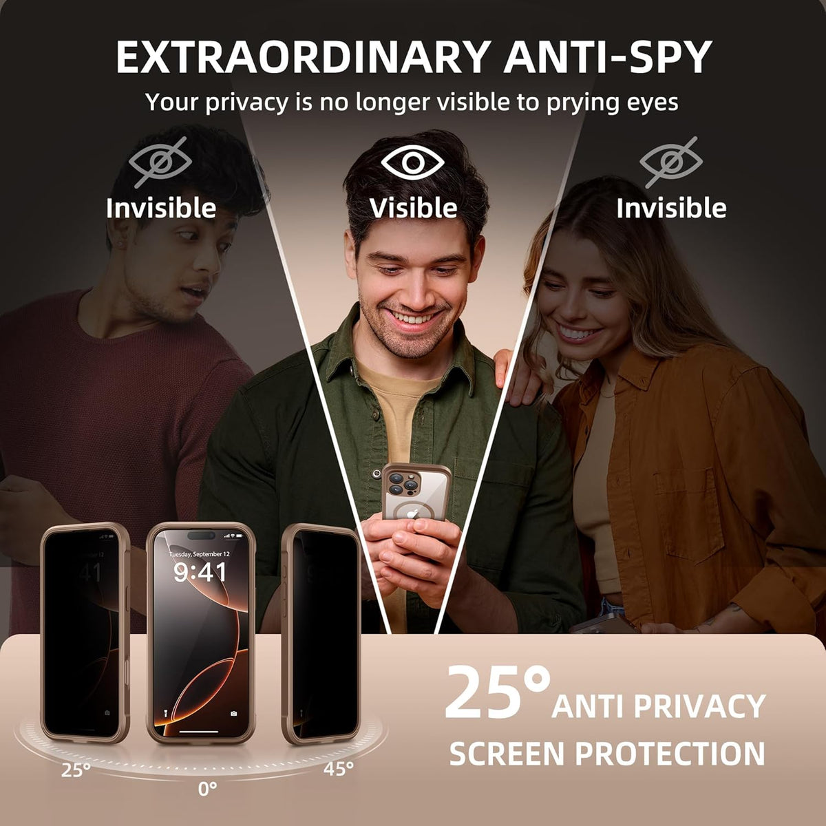 BERFY Magnetic for iPhone 16 Pro Max Case,Compatible with MagSafe, Built-in Privacy Screen Protector and Upgraded Camera Protection, Anti-Spy Full Body Shockproof Phone Case for 16 Pro Max 6.9", Brown