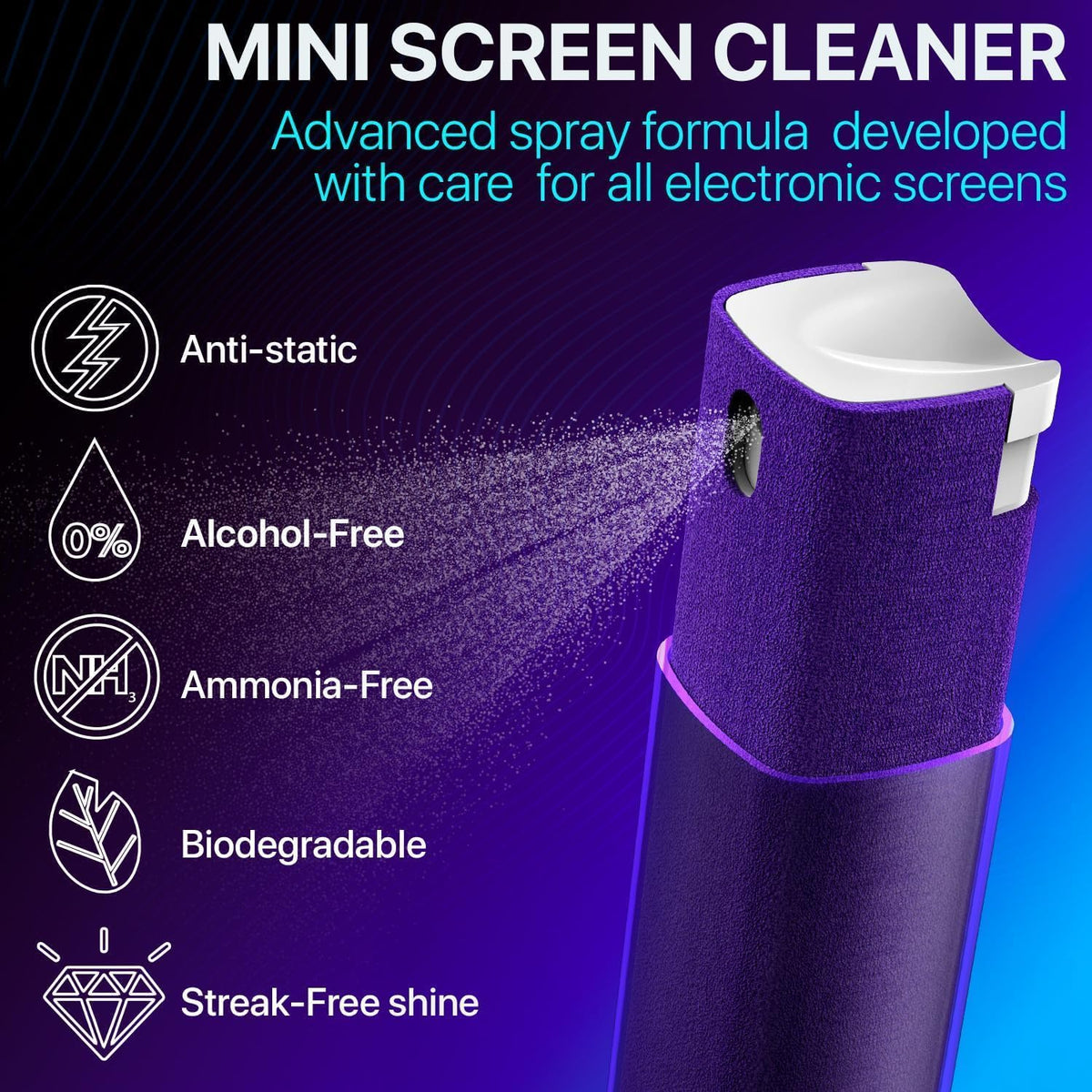 Mini Screen Cleaner Spray – Finger Proof Screen Cleaner for Smartphones, iPads, MacBooks, Laptops, Car Screens, Touchscreens – 3in1 Mist Cleaner, Microfiber Cloth and Cover (Navy Blue)