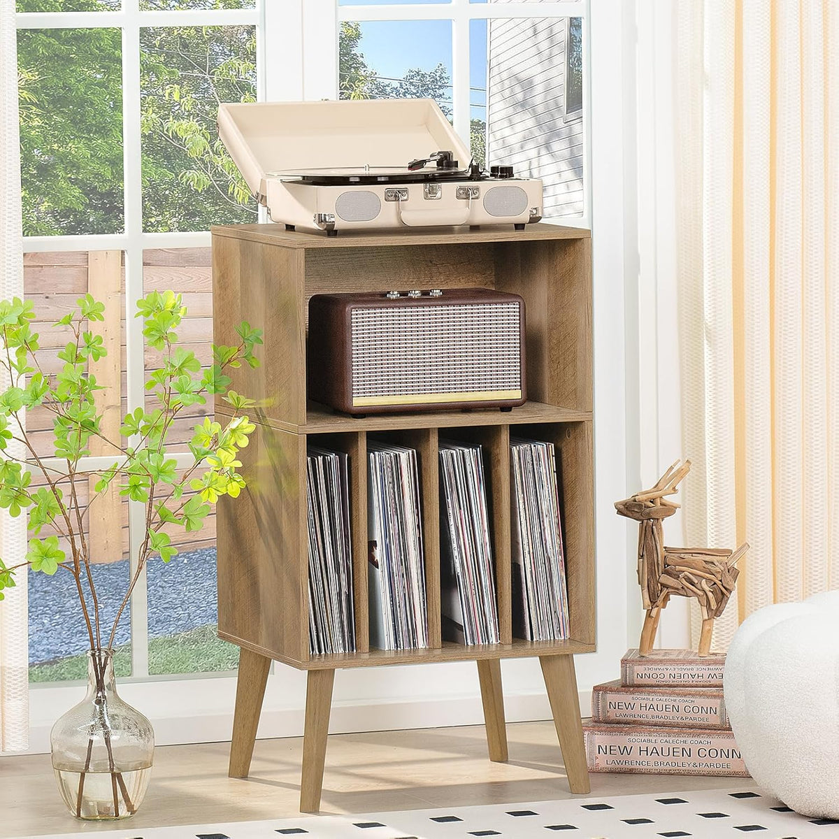 Lerliuo Record Player Stand, Oak Turntable Stand Holds up to 160 Albums, Mid-Century Vinyl Storage Cabinet Table with Solid Wood Legs, Record Player Holder Dispaly Shelf for Bedroom Living Room