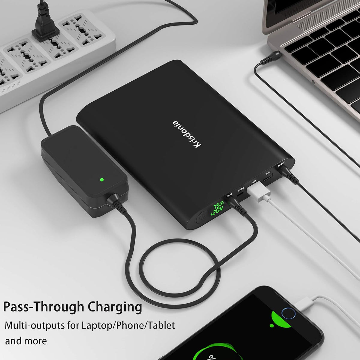 Krisdonia 50000mAh Laptop Power Bank 5/9/12/16/19/20V Portable Laptop Battery Charger with QC3.0 USB-A Port & 12V Type-C Port for Laptop, Tablet, Smartphone and More Devices