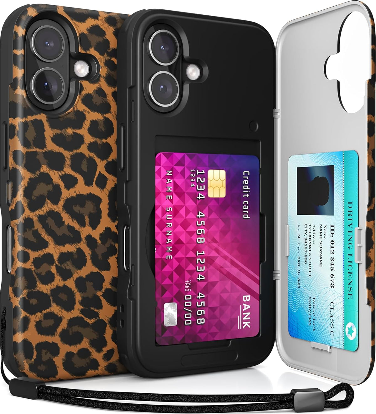 TORU CX Slim for iPhone 16 Case Wallet | Protective Shockproof Heavy Duty Cover with Hidden Card Holder & Card Slot | Mirror & Wrist Strap Included - Leopard