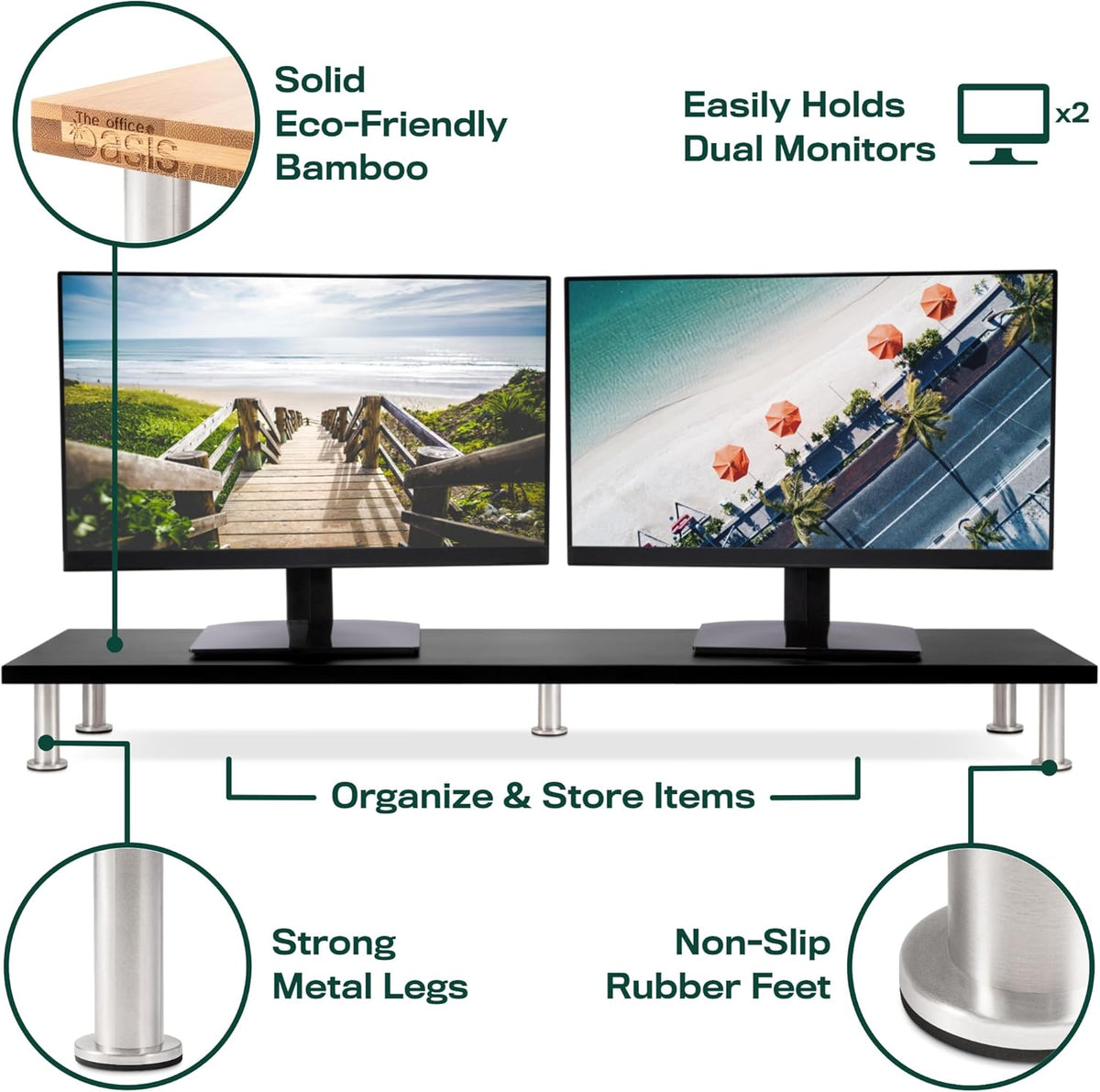 The Original Bamboo Dual Monitor Stand (As Seen On PBS) - 42 Inch Large Monitor Riser for Computer Screens, Laptop or TV - Desk Shelf Adds Storage Space and Improves Ergonomics - Black
