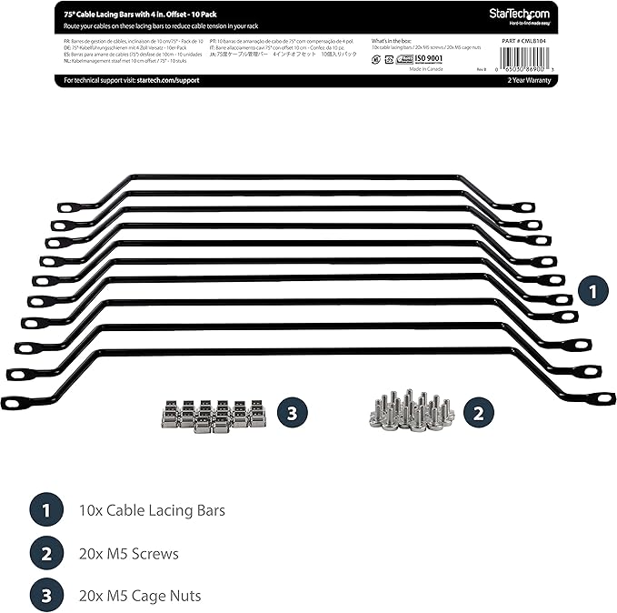 StarTech 10-Pack Lacing Bar with 4in Offset for 19in Rack, Steel (CMLB104)