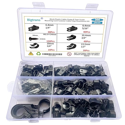 Bigtrans 300 Pcs Nylon Plastic R-Type Wire Clips with Screws 1/4" 5/16" 3/8" 1/2" 3/4" Clamps Fasteners Assortment for Cable Conduit -5 Size -Black