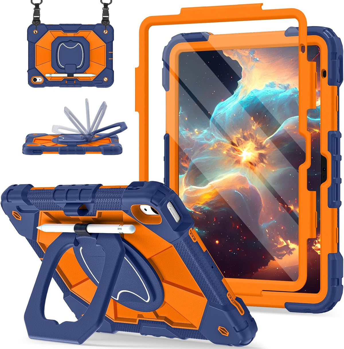 Case for iPad (A16) 11th Generation 11 Inch (2025) / iPad 10th Generation Case 10.9 Inch (2022) with 360° Rotating Stand Screen Protector Pen Holder Shoulder Strap, Navy Orange
