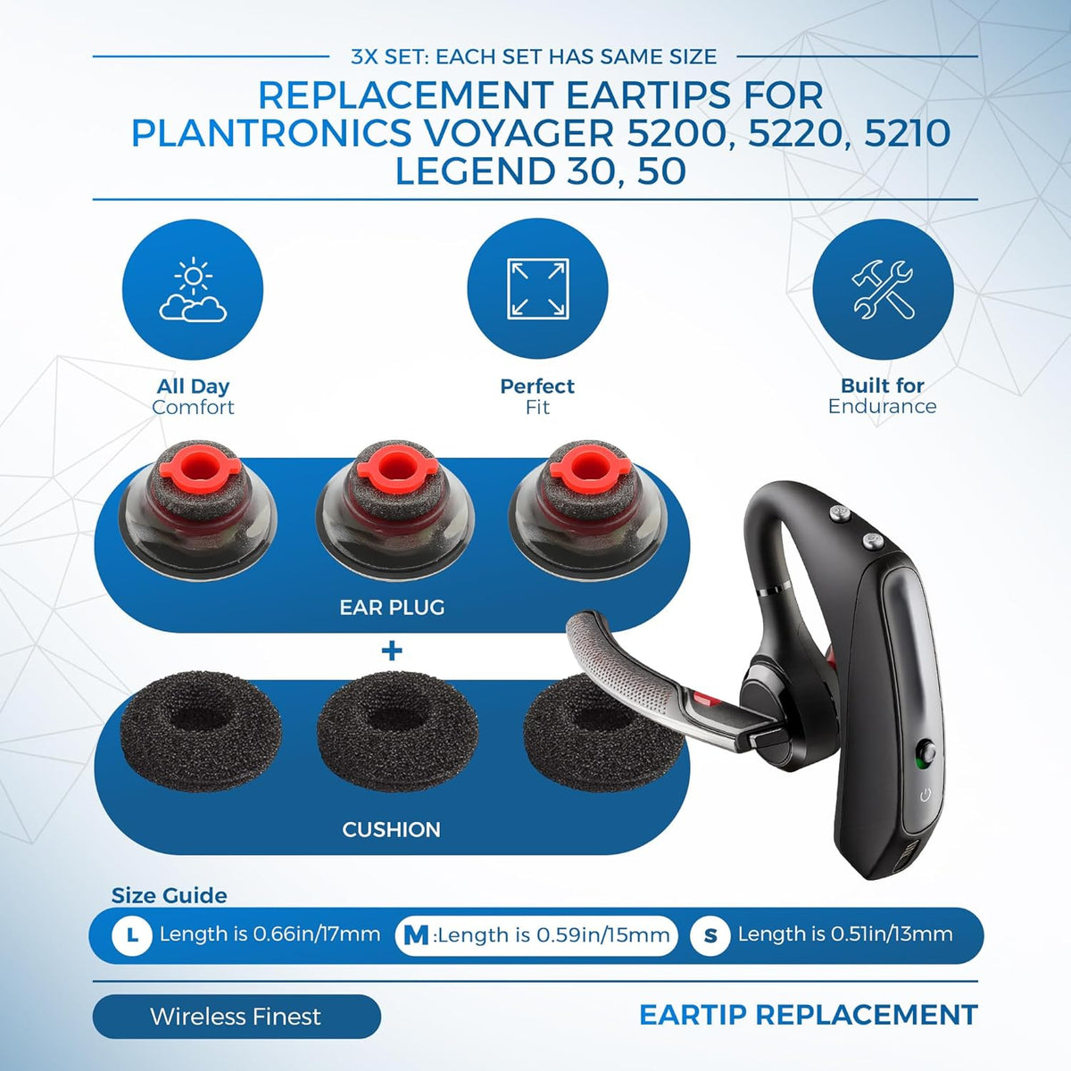 3X Ultra Comfort Eartips Ear Buds Replacement Earphone Ear Tips Kits Earpads Foam Set Cushion for Plantronics Voyager 5200 5220 5210 Series Bluetooth Headset Headphone (Medium M)