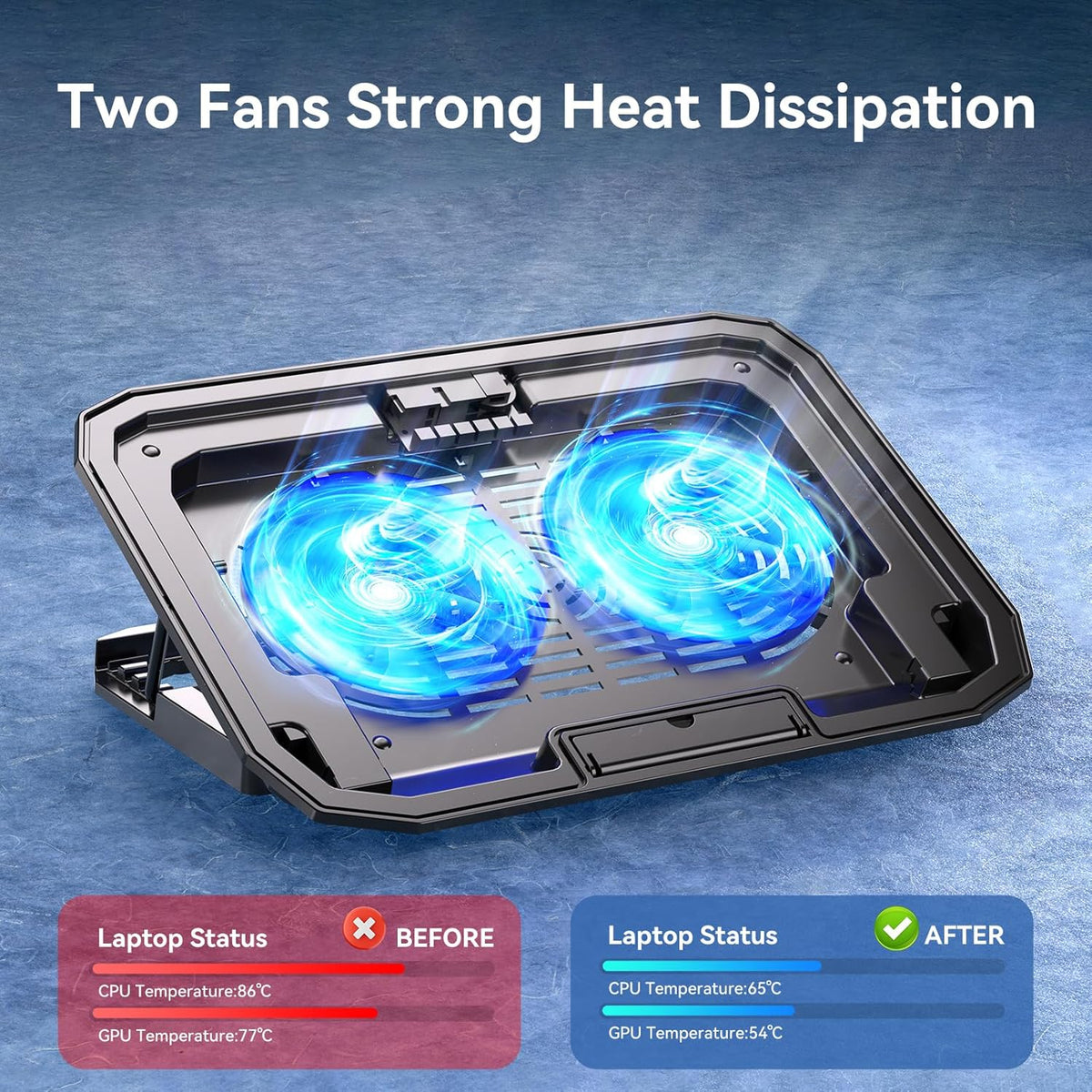 Ultra Slim Laptop Cooling Pad for 10-15.6 Inch Laptops, Portable Notebook Cooler with 2 Quiet Big Fans, Gaming Laptop Fan Wind Speed Adjustable, 5 Heights Adjustment, 2 USB Port