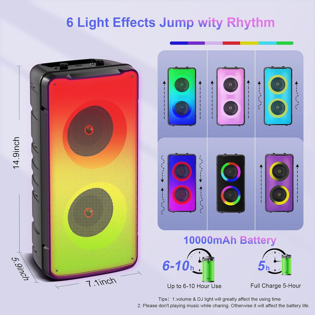 Bluetooth Speakers, 60W(80W Peak) Portable Loud Wireless Stereo Speaker with Rich Bass, Bluetooth 5.0, FM Radio, Colorful Light, TWS Pairing, EQ, 10000mAh Battery, Outdoor Speaker for Home Party Gift