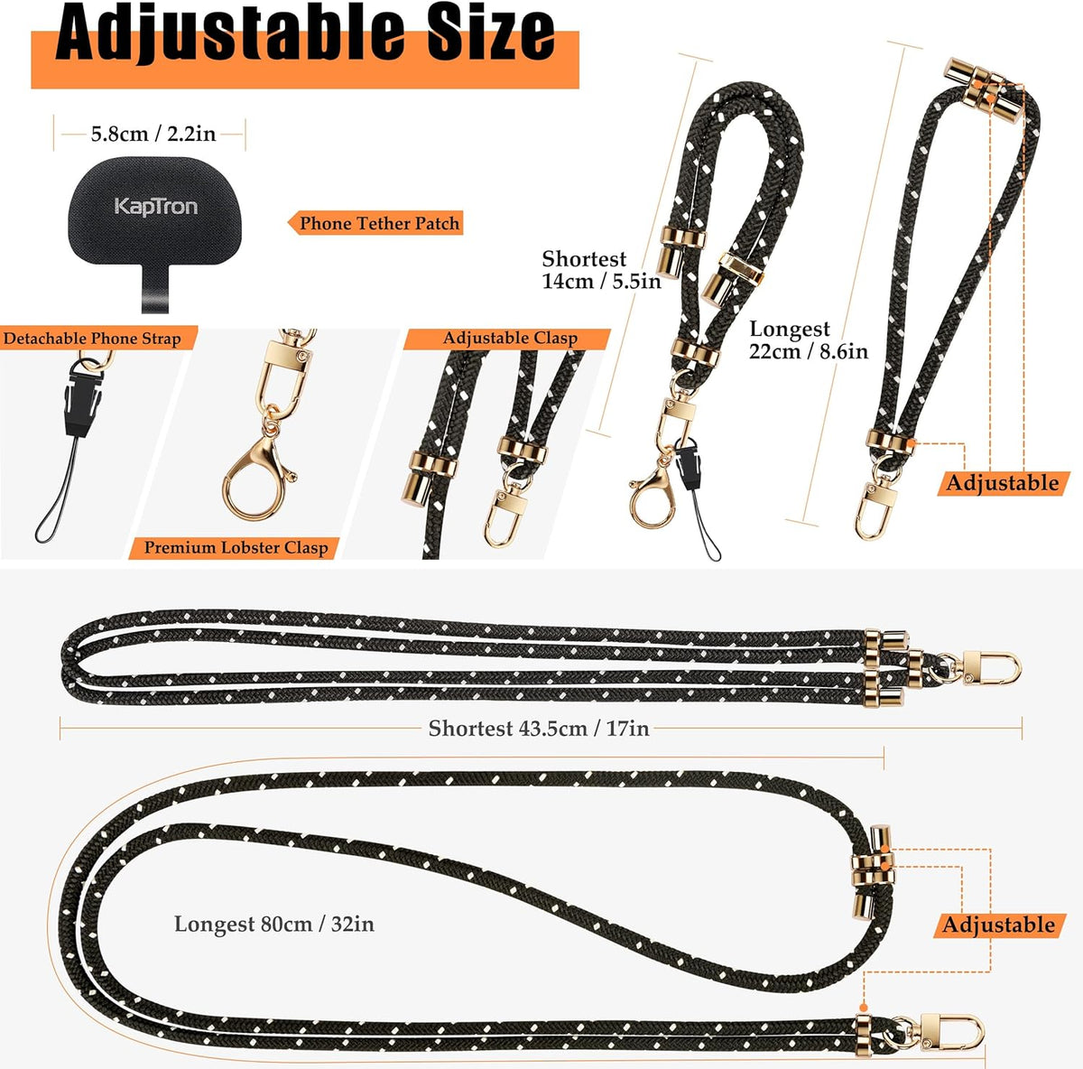 Kaptron Universal Phone Lanyard with Wrist Strap, Adjustable Crossbody Cell Phone Lanyard Neck and Wrist Strap with 2 Lobster Clips