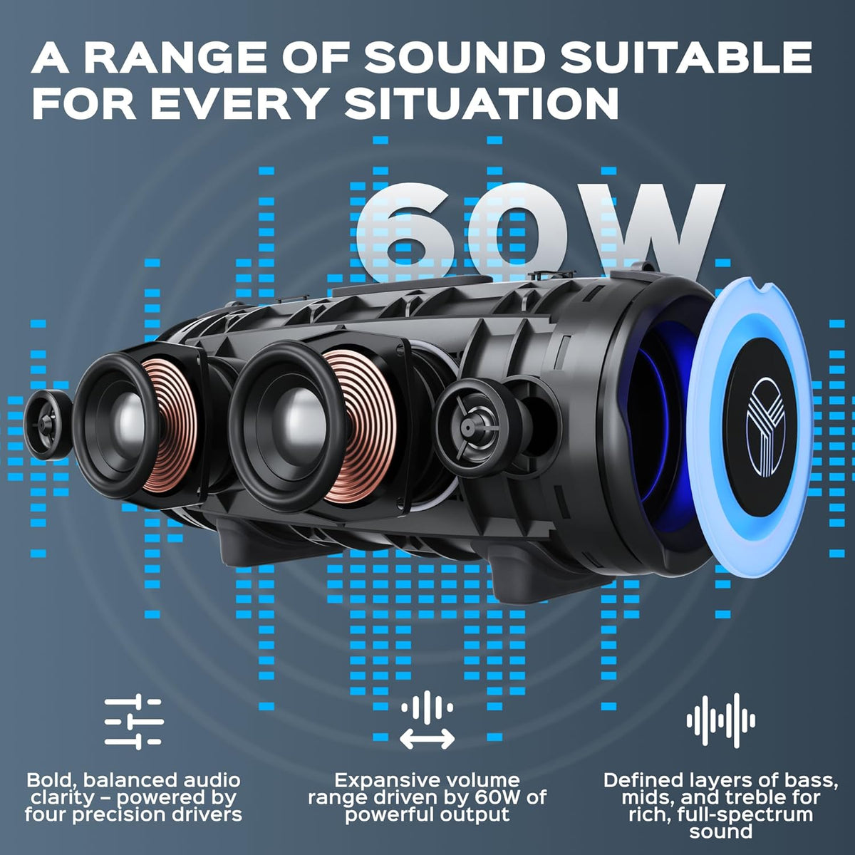 TREBLAB Ultra Loud Wireless Speaker - 60W Stereo Sound with Deep Bass, 20H Playtime, Powerbank, Waterproof, Loudest Portable Bluetooth Speaker for Home, Outdoor Party, Beach, Work, Travel, HD-Max
