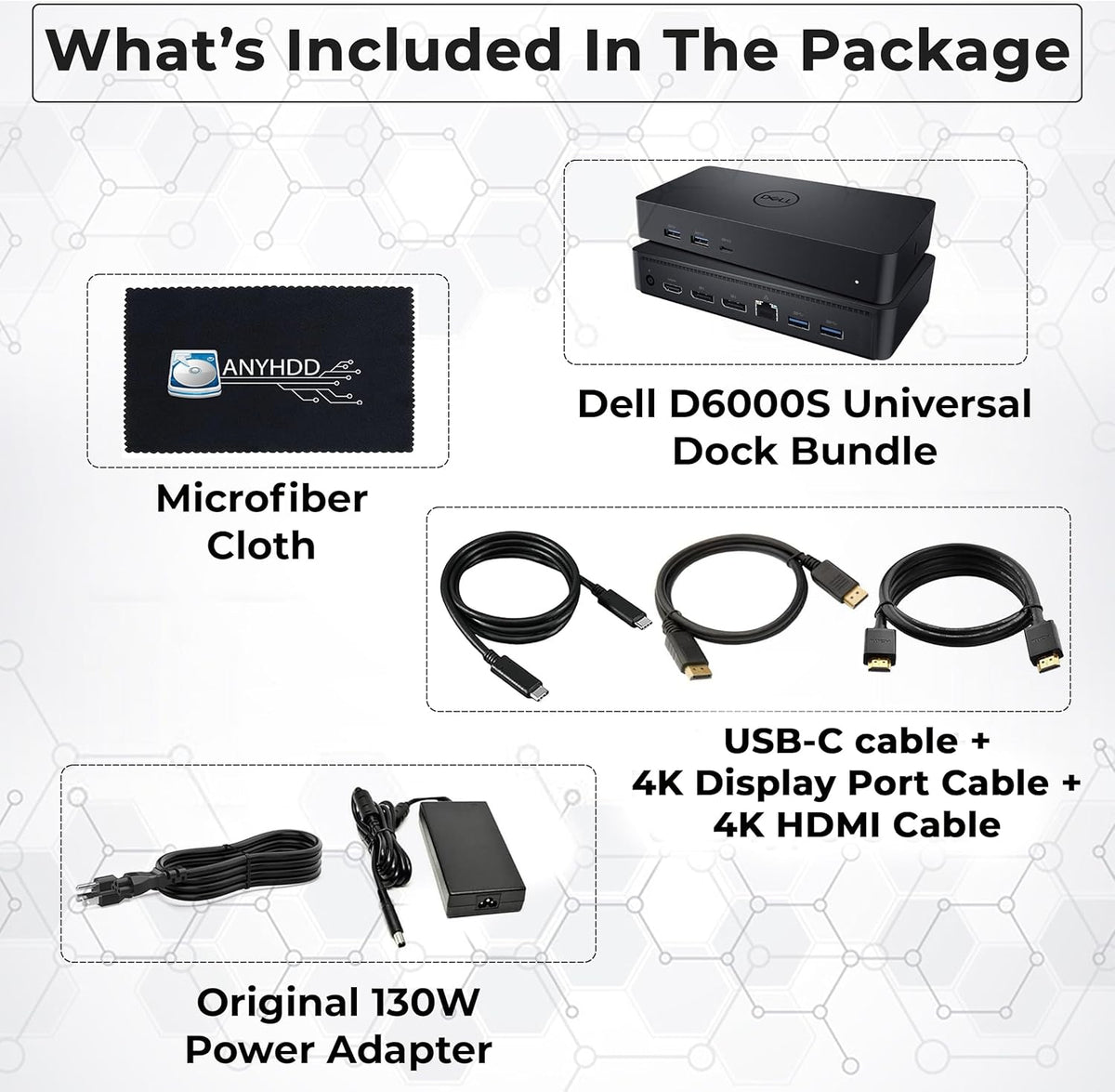 Dell D6000S Universal Dock Bundle with 130W Power Adapter – USB-C, Dual DisplayPort with 4K HDMI Cable + 4K DisplayPort Cable + USB-C Cable + Microfiber Cloth - Supports 4K Display (Renewed)