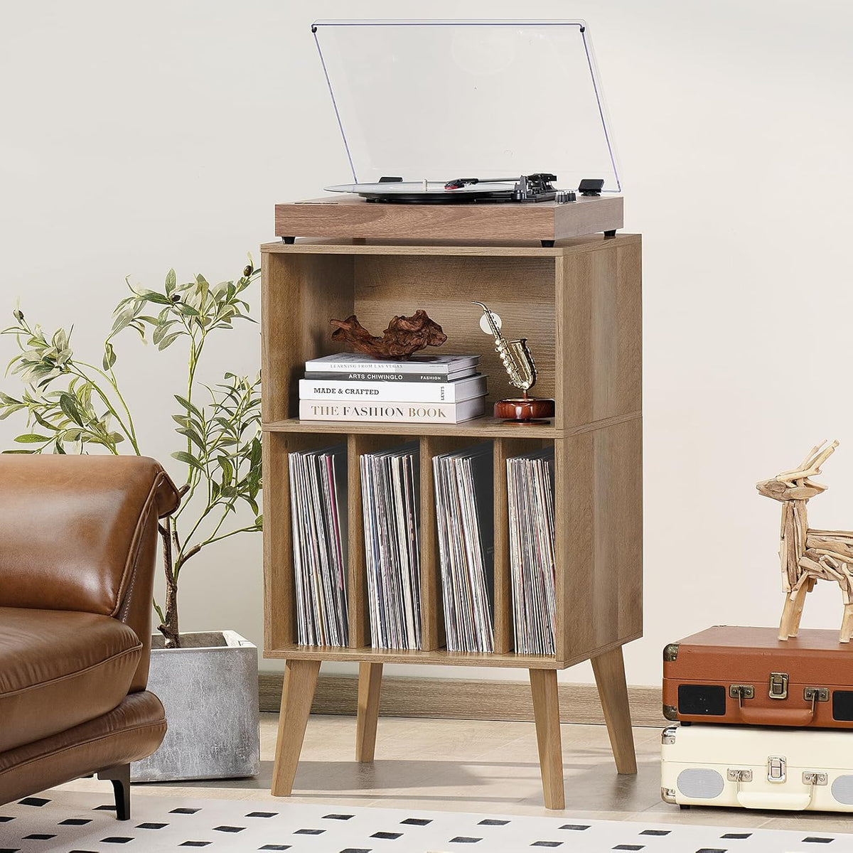 Lerliuo Record Player Stand, Oak Turntable Stand Holds up to 160 Albums, Mid-Century Vinyl Storage Cabinet Table with Solid Wood Legs, Record Player Holder Dispaly Shelf for Bedroom Living Room