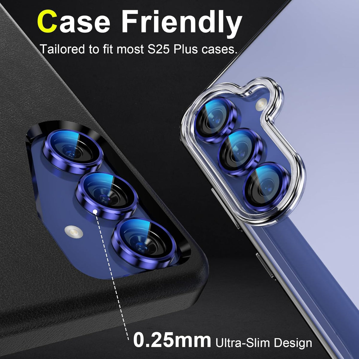 YWXTW Camera Lens Protector for Samsung Galaxy S25+ Plus Accessories [1:1 Fit & Ultra Clarity] 9H Tempered Glass Metal Individual Ring Camera Cover Screen Protector, Case Friendly (Navy)