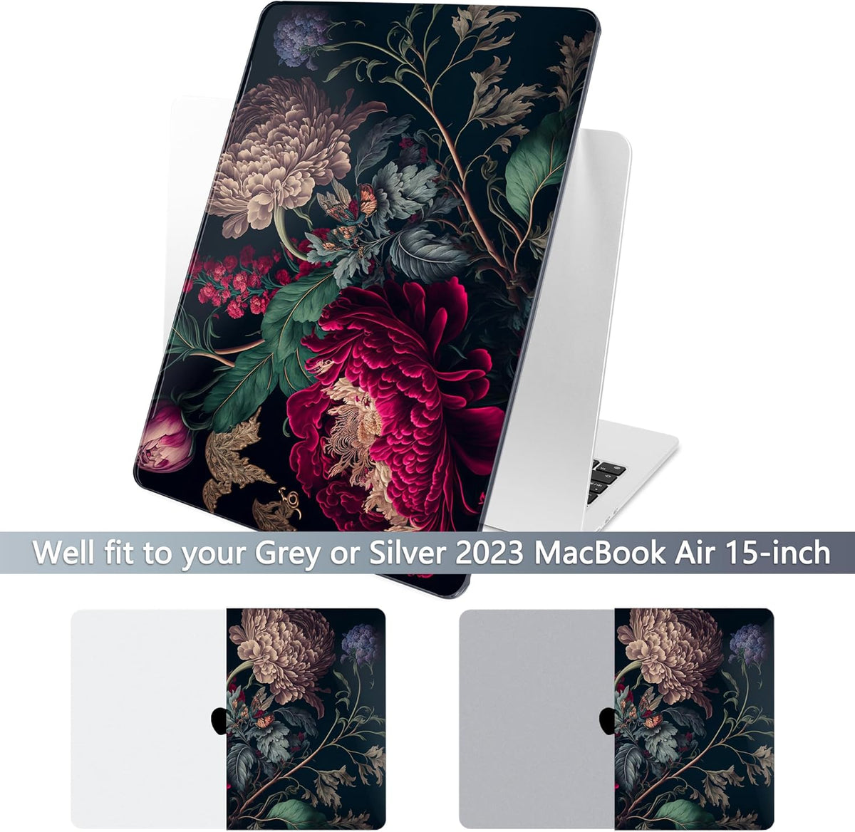 Batianda Premium Case for New MacBook Air 15 inch 2025 2024 2023 with M4 M3 M2 Chip, Designed Black Protective Plastic Hardshell & Keyboard Cover & Screen Protector, Vintage Flower