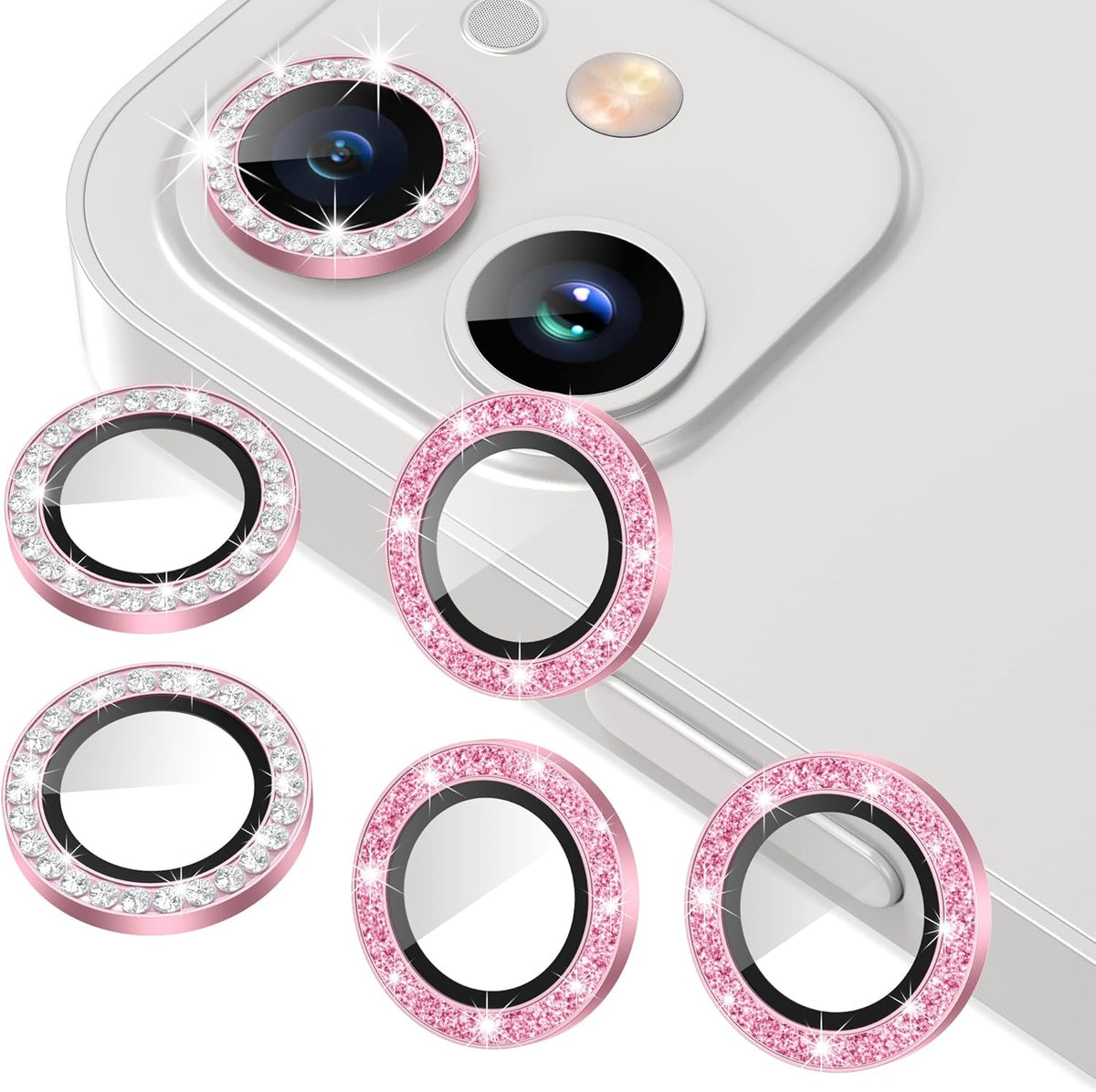 AGVEE 3+3 6 Pack for iPhone 12 Pro/12/12 Mini/11 Pro Max/11 Pro/11 Camera Lens Cover Protector, Diamond & Glitter Metal Ring 9H Tempered HD Glass Camera Protector, Bling-Pink