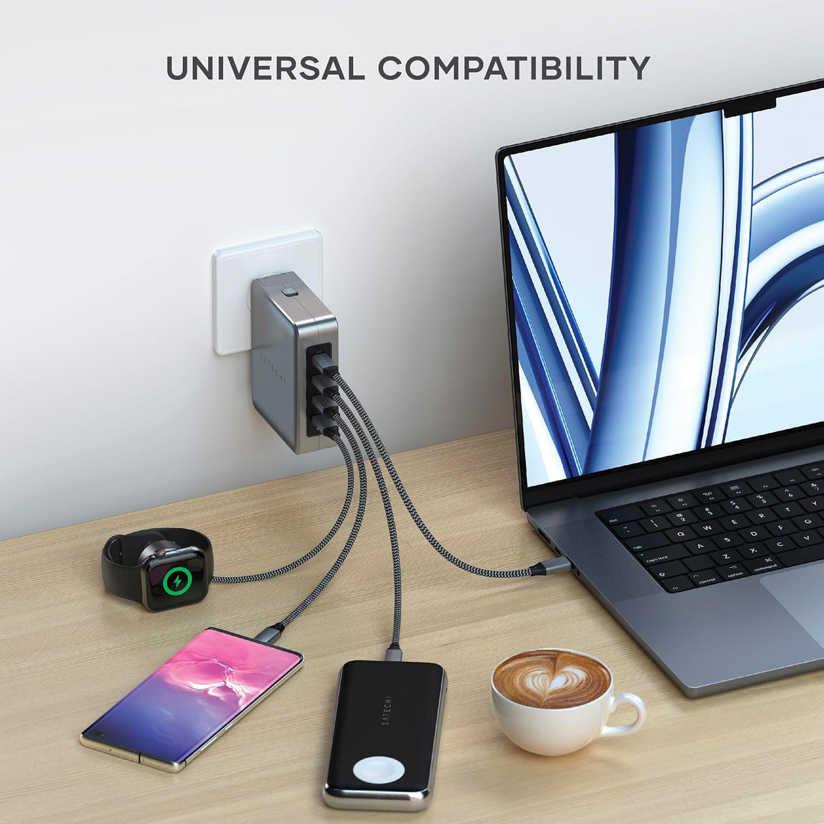 Satechi 145W GaN Travel Charger, 4-Port GaN USB C Charger, 2 USB-C PD 3.1, Fast Charging Travel Station for Laptop, for MacBook Air/Pro M4, iPad Air/Pro M4, iPhone 16, Galaxy S25, Windows
