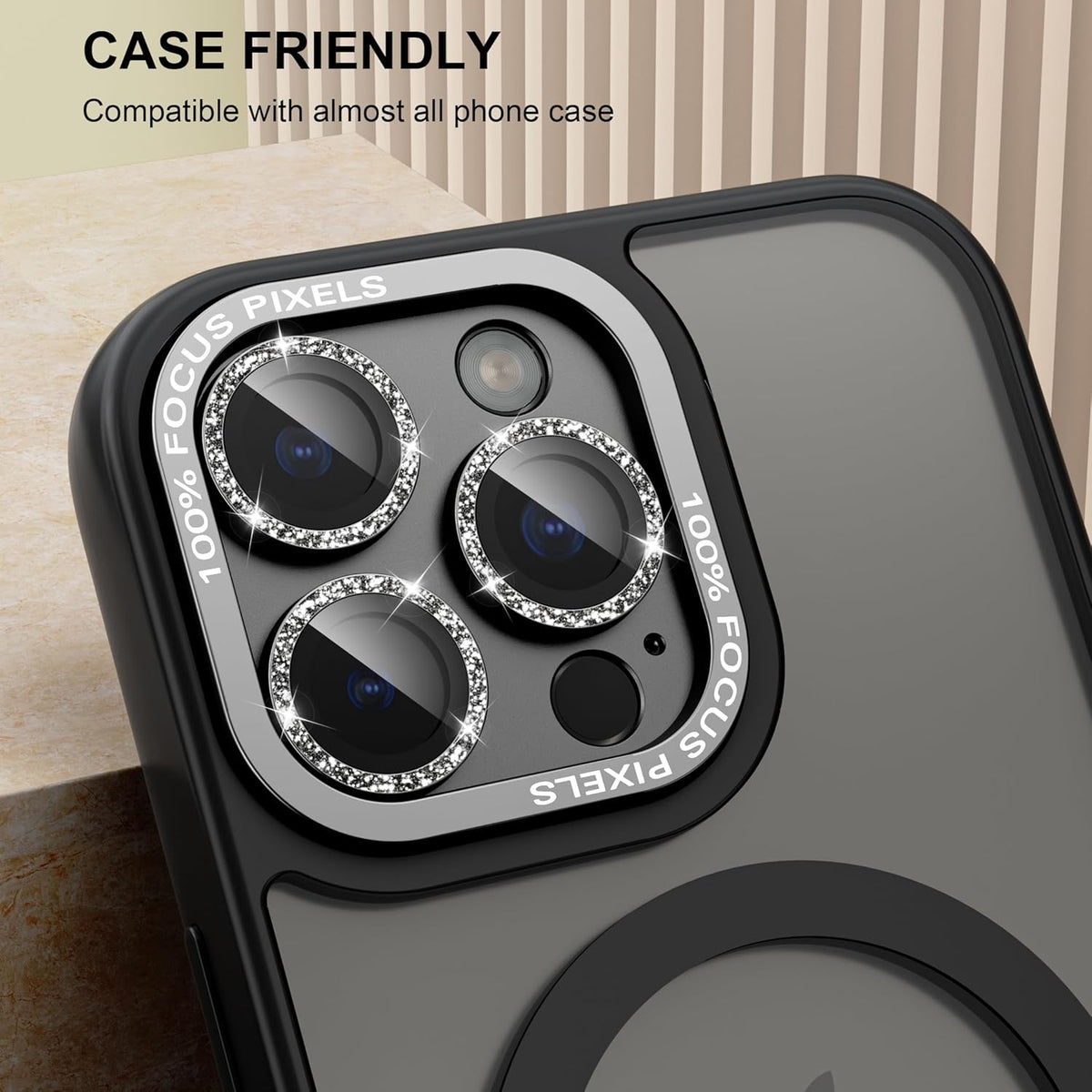 beuxece Compatible for iPhone 16 Pro/iPhone 16 Pro Max Camera Lens Protector, Bling Metal Tempered Glass Camera Screen Cover Accessories [Strong Adsorption][Case-Friendly]- Glitter Titanium Natural