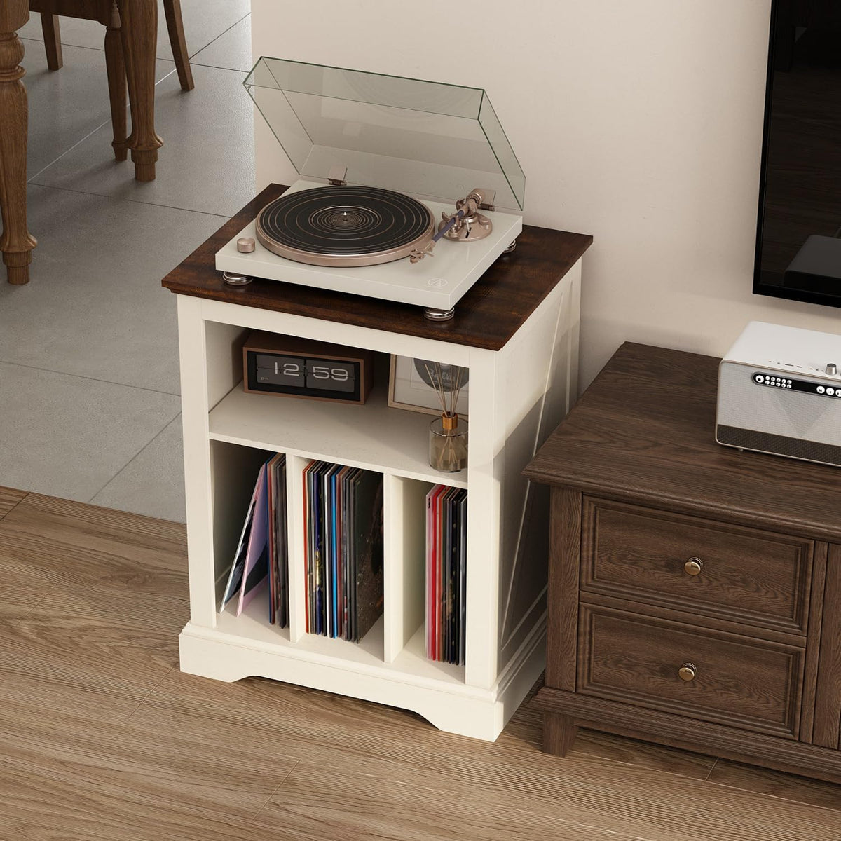 Farmhouse Record Player Stand, 3 Tier End Table, Turntable Stand with Vinyl Record Storage, Wood Record Holder Cabinet Dispaly Shelf for Living Room,Bedroom,Office,Antique White