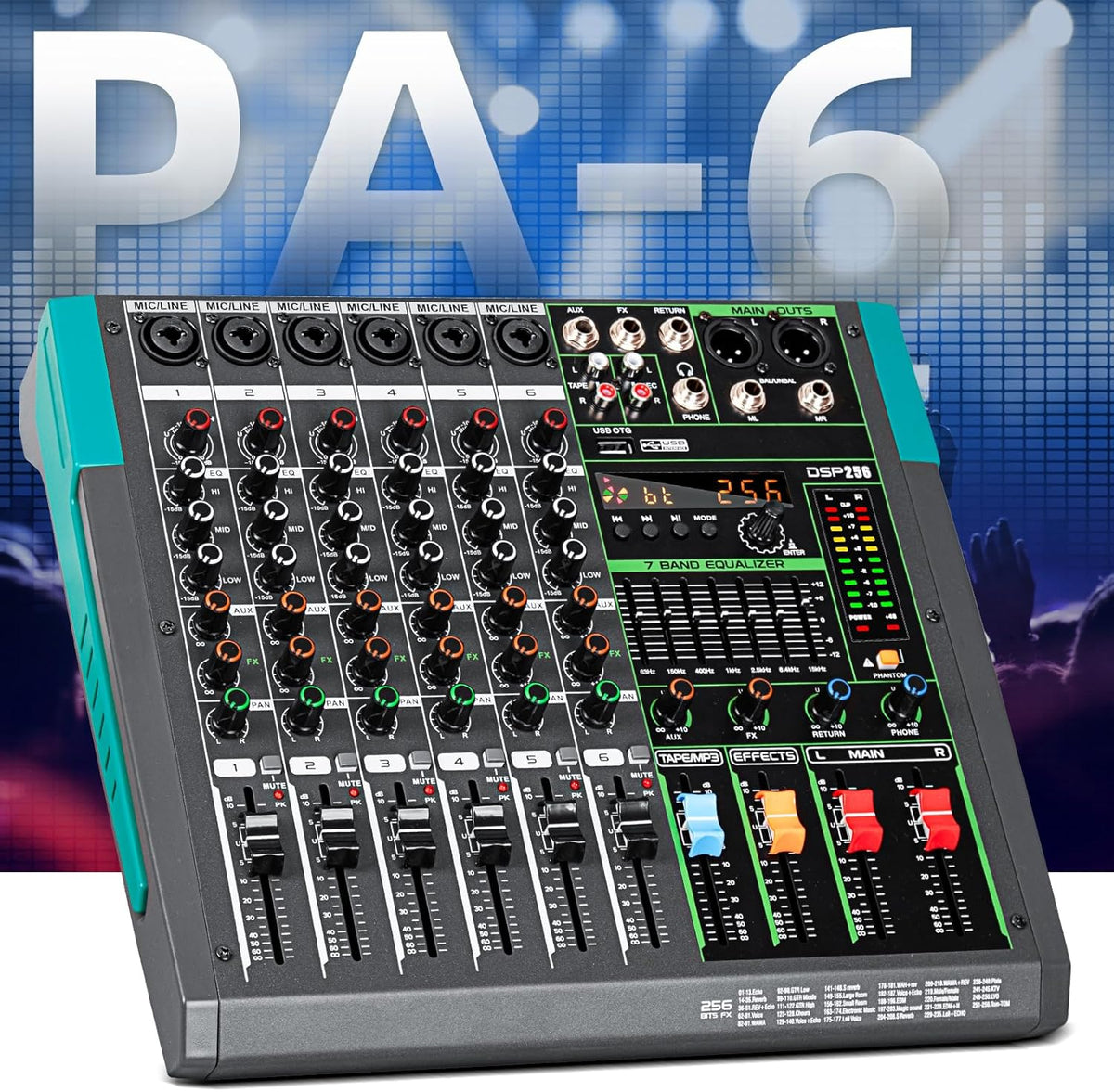 Depusheng PA6 professional DJ audio mixer 6 channel input built-in 256 kinds of DPS effects support 48V phantom power USB Bluetooth MP3 computer recording