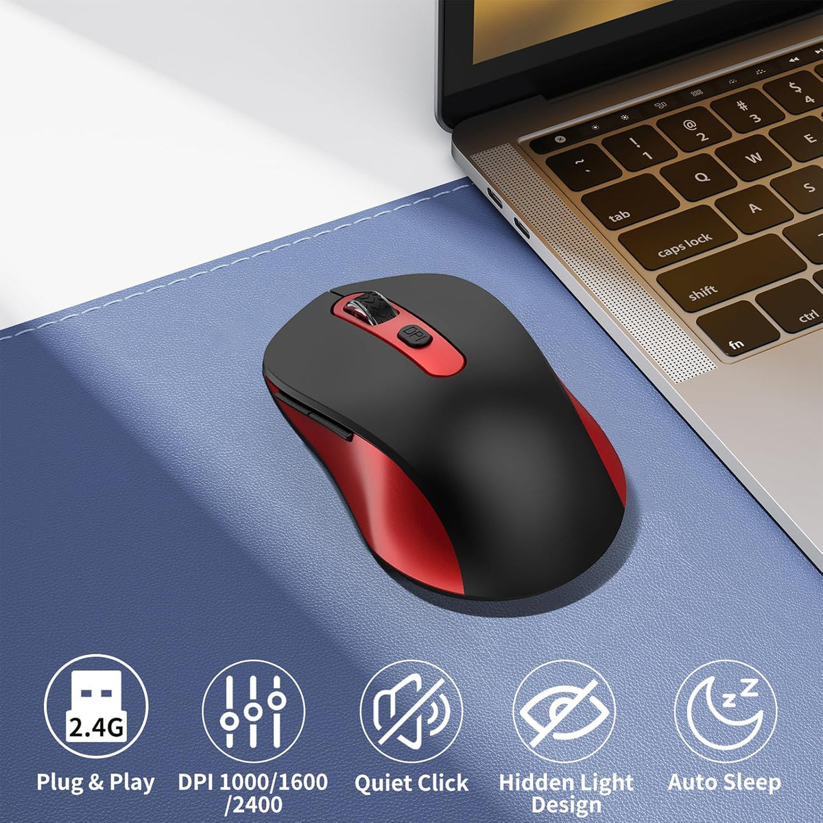 Wireless Mouse for Laptop, PC, Chromebook, Mac, MacBook, Silent Mouse with USB Nano Receiver, Side Button, 2400 DPI, Anti Slip Roller, 6 Button Ergonomics Cordless Computer Mice - Black Red