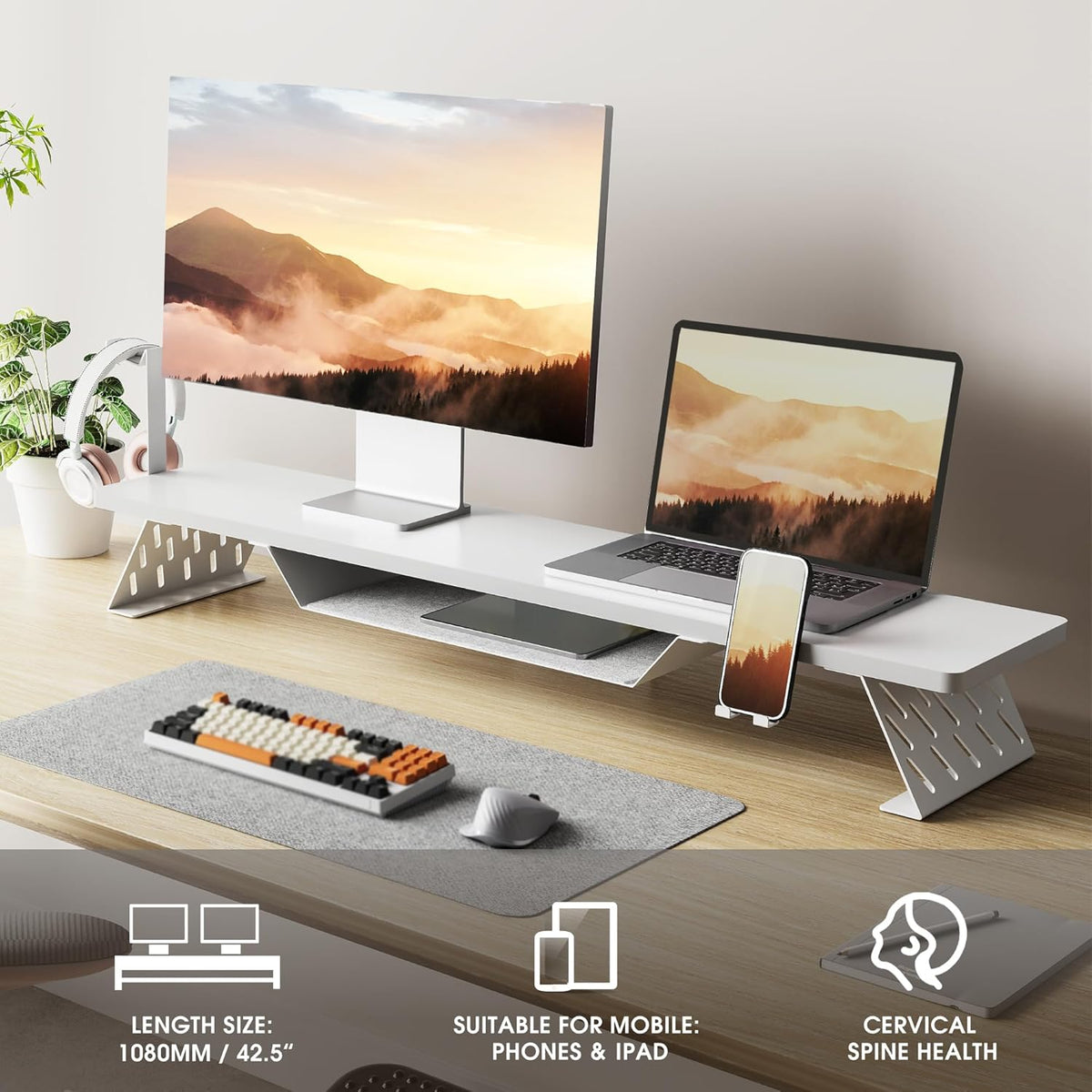 Fenge Dual Monitor Stand, 42.5 Inch Monitor Riser for Desk, Wood Desk Shelf for 2 Monitors, 2 Tier Monitor Shelf with Headphone Stand & Phone Holder