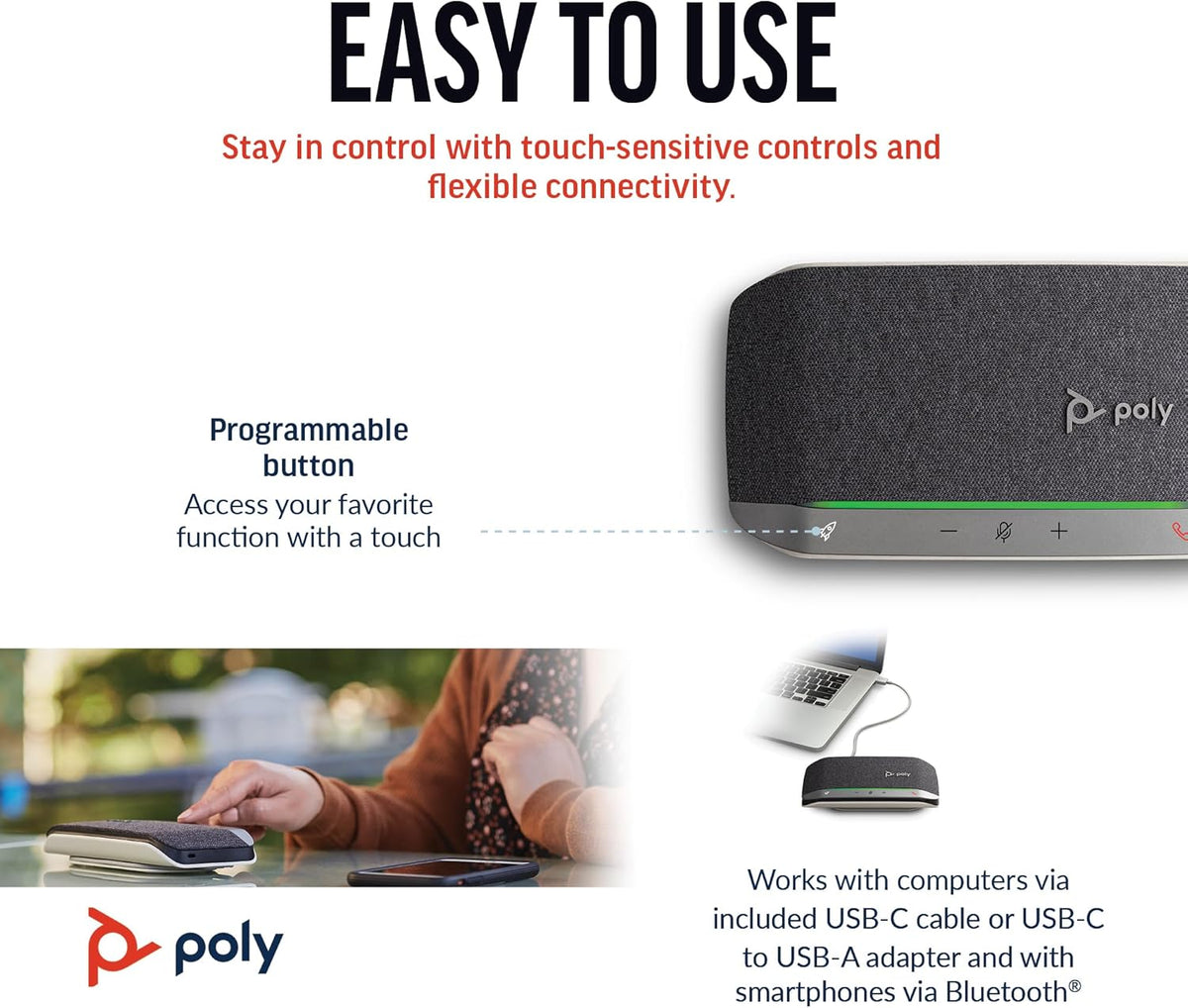 Poly Sync 20 USB-C Personal Portable Smart Speakerphone (Plantronics) – Noise/Echo Reduction -Works w/Teams, Zoom, PC, Mac, Mobile – Amazon Exclusive