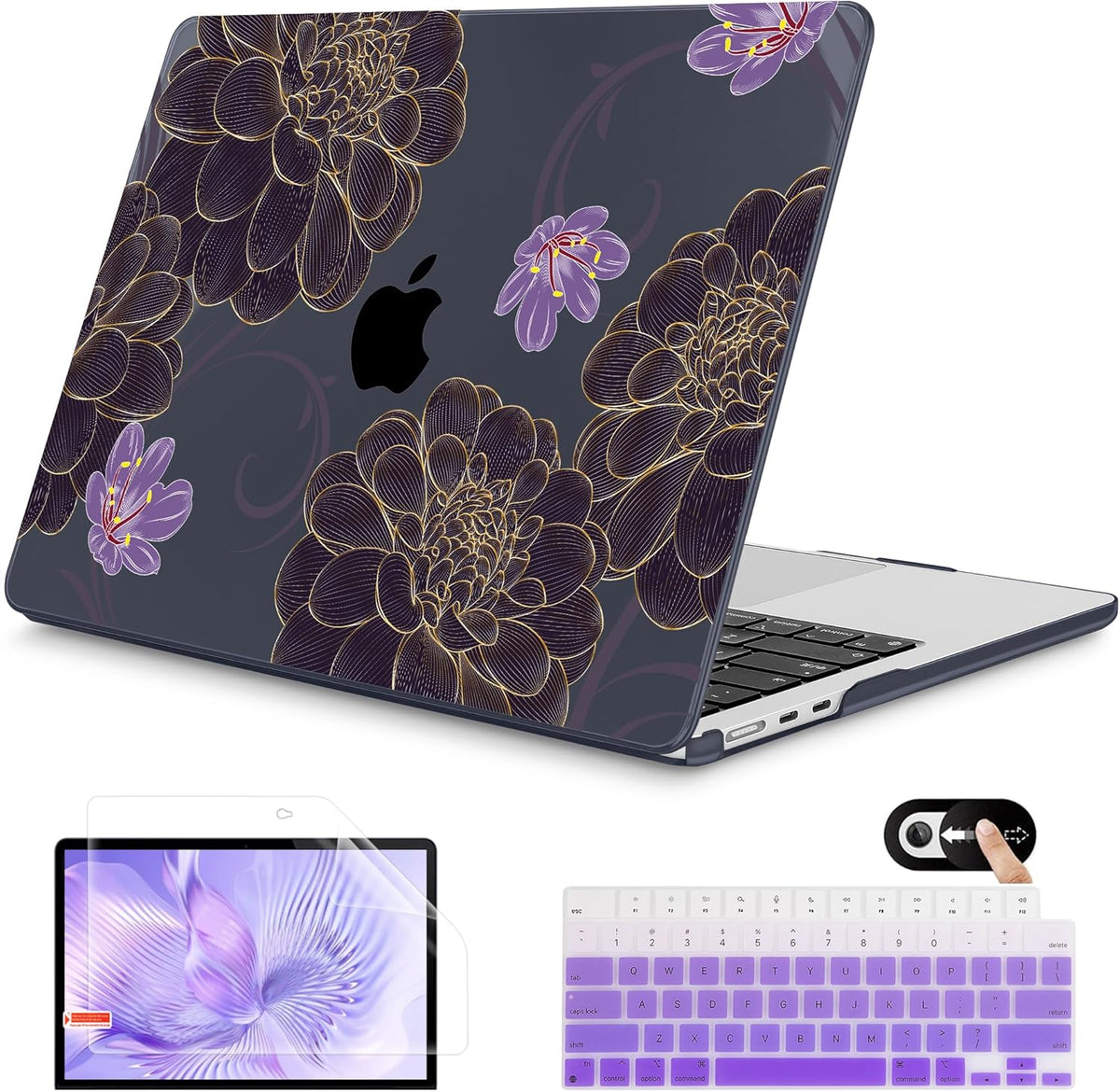 Mektron for 2025 M4 MacBook Air 13.6 Inch A3240 Case Fits 2023 A2681 M2 2024 A3113 M3 Chip with Liquid Retina Display, Printed Plastic Hard Shell Cover for MacBook Air 13.6", Golden Dahlia Flowers