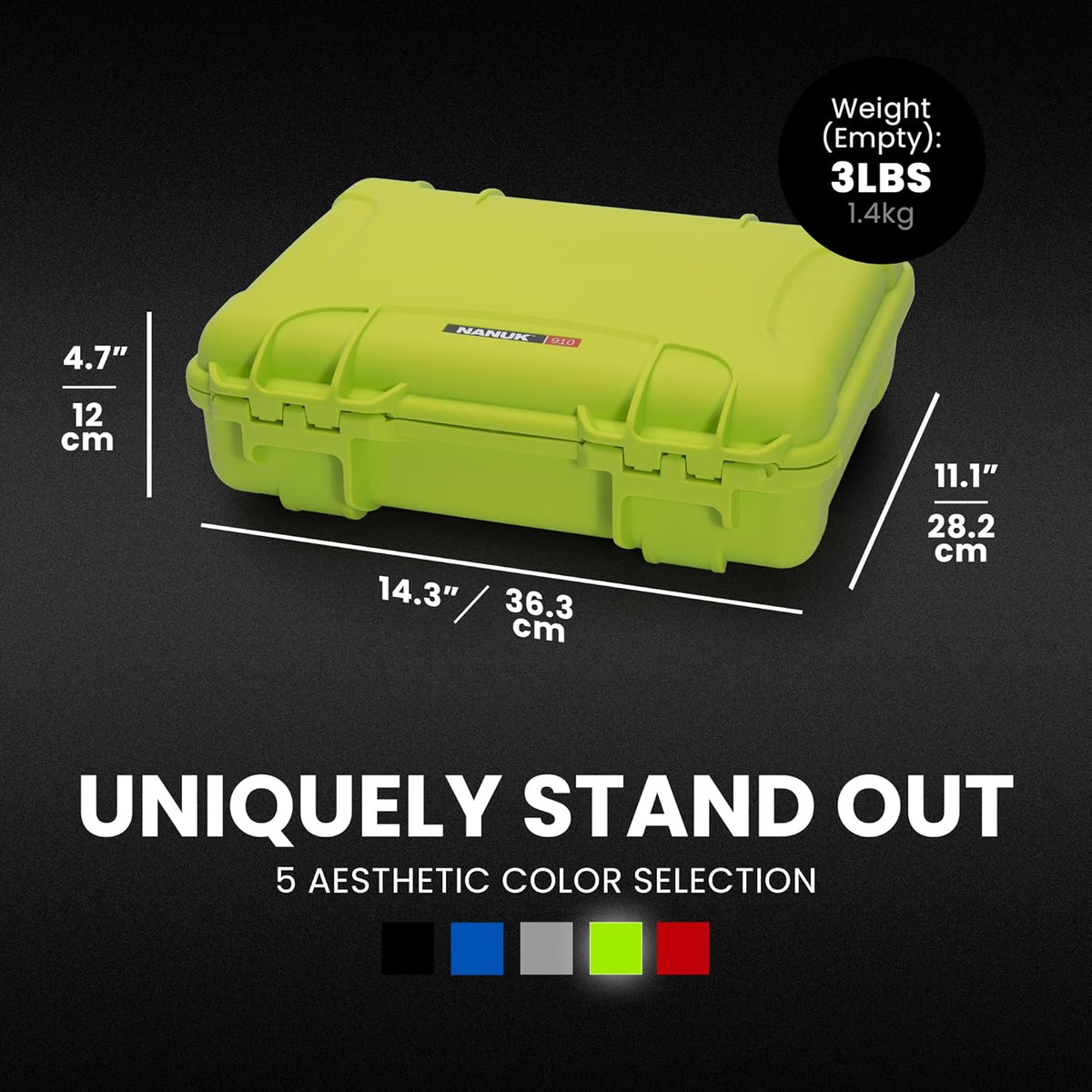 NANUK 910 Hard Case with Customizable Cubed Foam, IP67 Waterproof, Dustproof and Impact Resistant, 14.3” x 11.1” x 4.7”, Rugged Construction for Ultimate Protection, Made in Canada – Lime