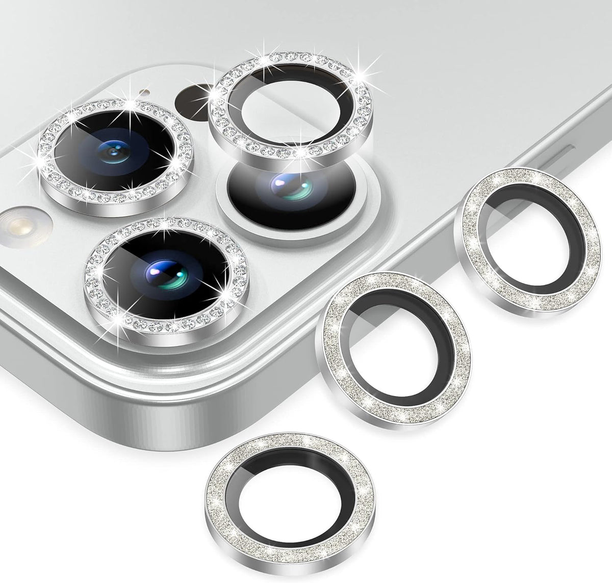 AGVEE 3+3 for iPhone 14 Pro 6.1" / 14 Pro Max 6.7" Camera Lens Protector, Bling Diamond & Bling Glitter Metal Ring 9H Tempered HD Glass Camera Screen Protector Cover Film, Silver