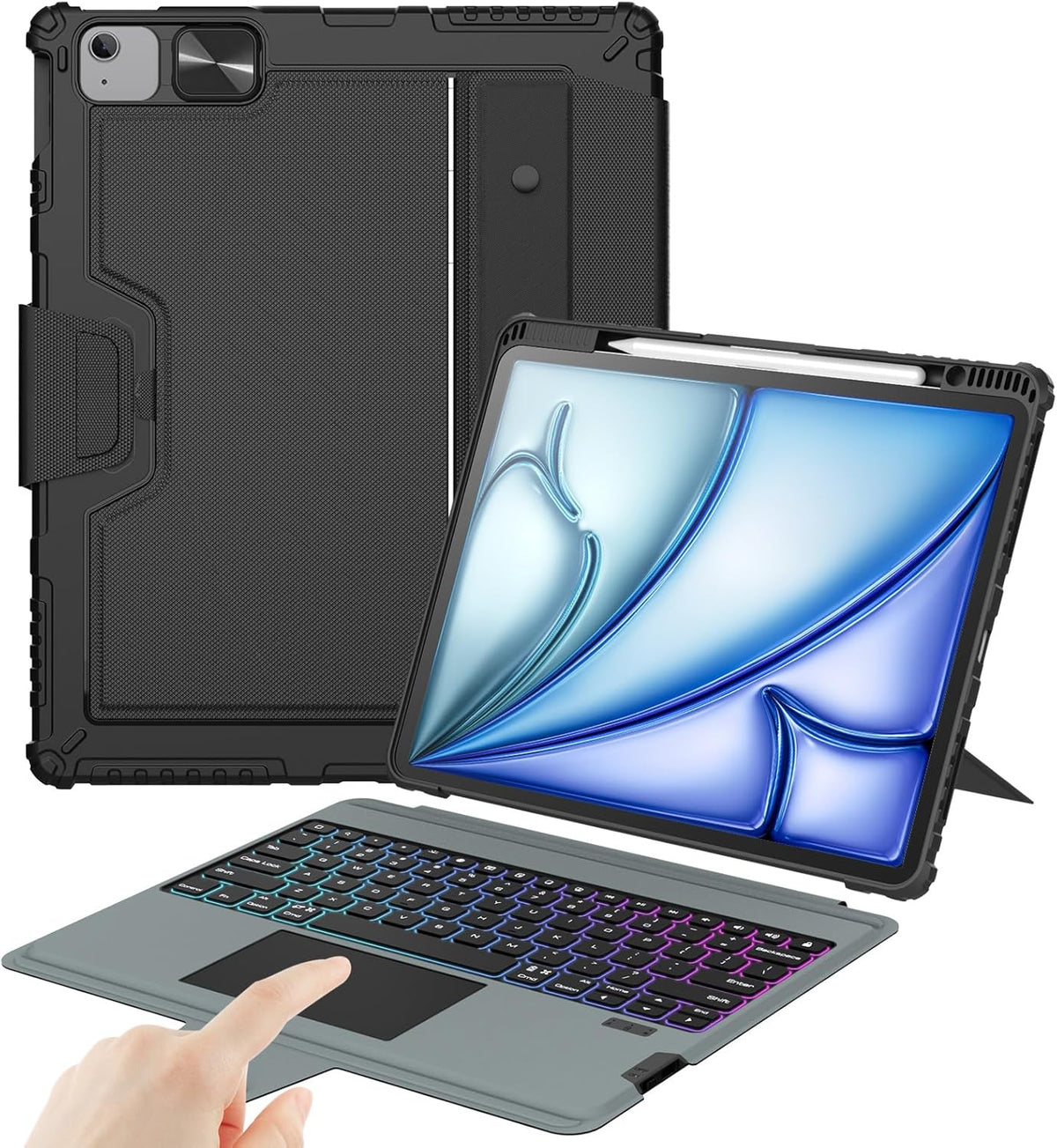 Nillkin Keyboard Case for iPad Air 13-inch (M3 2025/M2 2024), iPad Pro 12.9-inch (6th/5th/4th/3rd Gen) Rugged Case with Detachable Keyboard, Magic Trackpad, 7-Color Backlit, Portrait/Landscape, Black