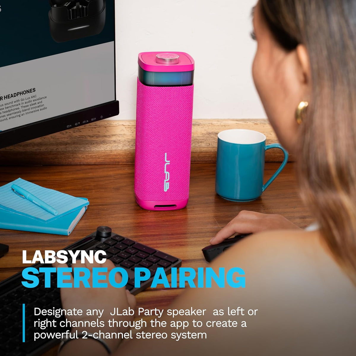 JLab JBuds Party Portable Bluetooth Speaker, 2 Full-Range Drivers + 2 Passive Woofers, IP56 Waterproof, 12 Hours Playtime, Connect Multiple Speakers, Custom Sound + RGB Lighting via App, Pink