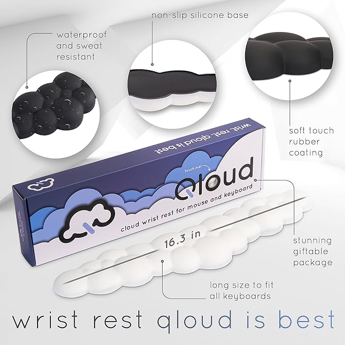 Qloud Cloud Wrist Rest Keyboard Wrist Rest for Computer Keyboard Pad Cloud Keyboard Wrist Rest Wrist Pad for Keyboard Memory Foam Non Slip Base Comes with Mouse Pad - Soft Gray
