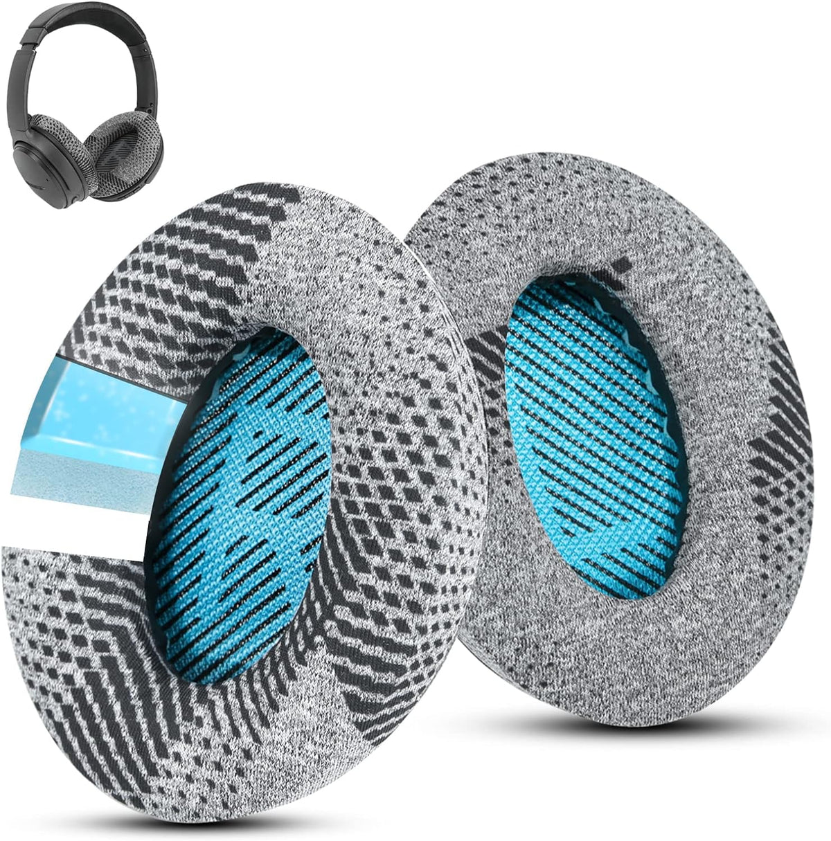 Cooling-Gel QuietComfort 35 / QC35 ii Fabric Replacement Ear Pads for Bose Headphones, Compatible with Bose QC45 QC25 QC2 QC15/ Around-Ear 2 AE2i AE2w/ SoundTrue & SoundLink Series, Blue