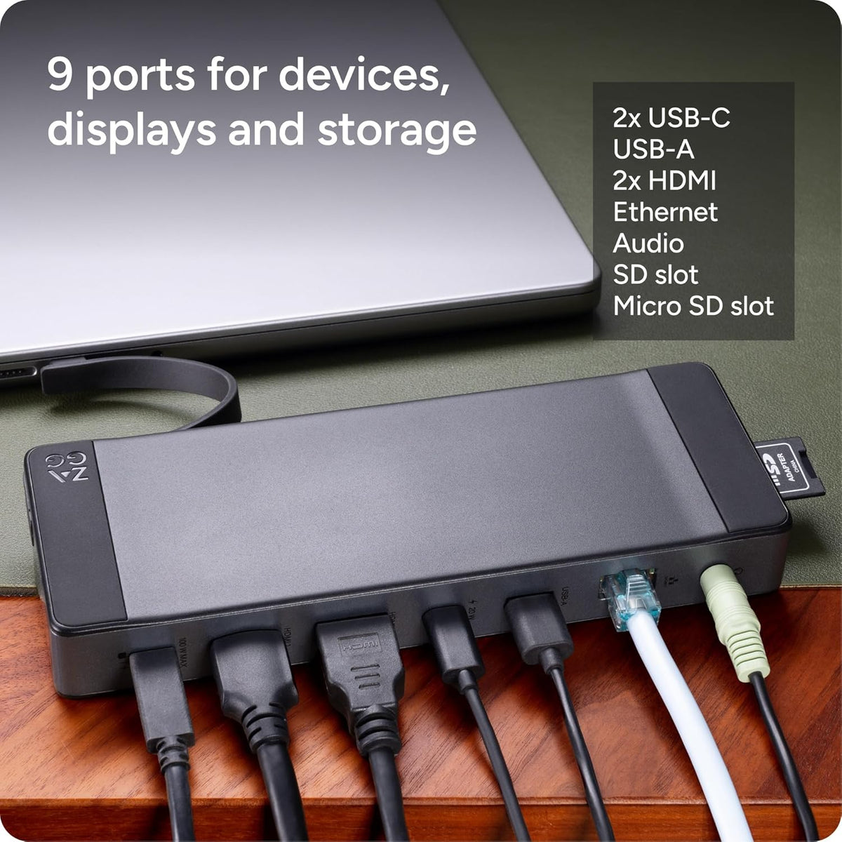 ZAGG 9-Port Hub – 2 USB-C, 2 HDMI (4K 60Hz), 1 USB-A (10Gbps), Ethernet, Audio Jack, SD & MicroSD Card Readers - Multi-Device Connectivity for iPadOS, ChromeOS, Android, Windows