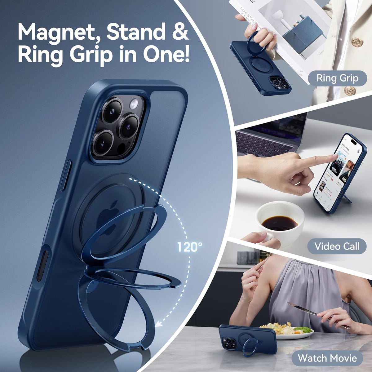 CASEKOO Designed for iPhone 16 Pro Case with Magnetic Invisible Stand [Military Drop Protection] [Compatible with MagSafe] Shockproof Slim Translucent Matte Case 6.3 Inch, Blue