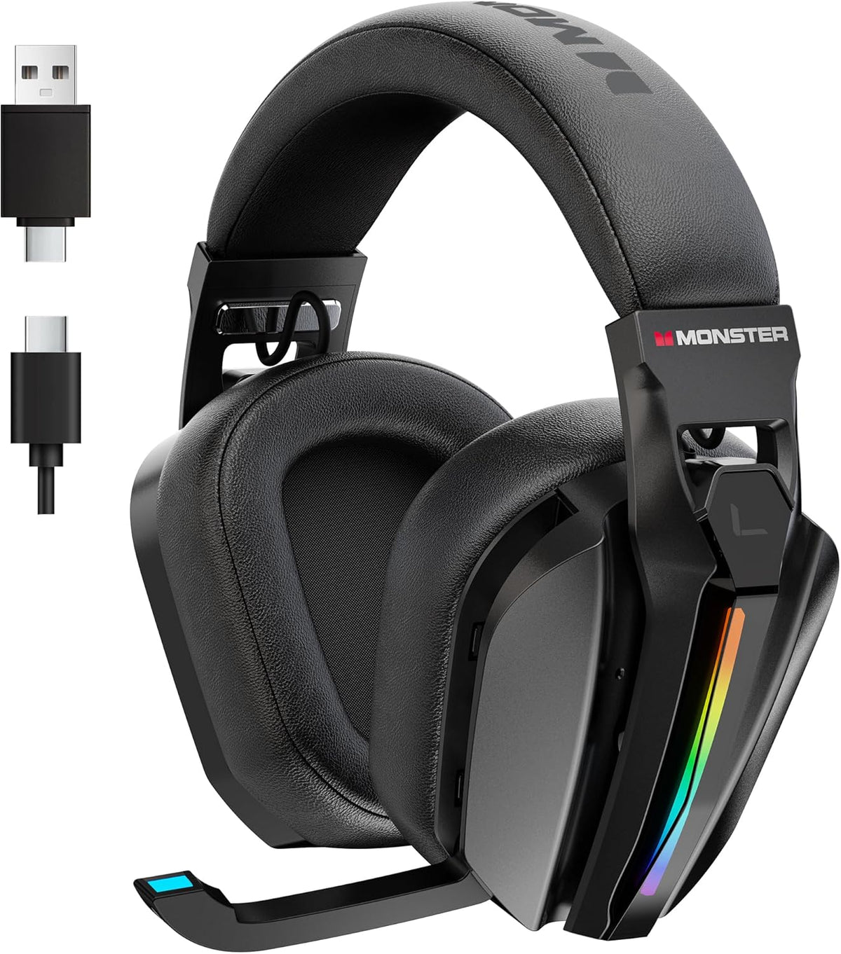 Monster Mission ANC200 Wireless Gaming Headset, 7.1 Virtual Surround Sound, ANC, Stealth Retractable Mic, 70HRS Battery, 2.4GHz or BT, for PC, PS5, Mobile, 3.5mm Audio Jack (Black)